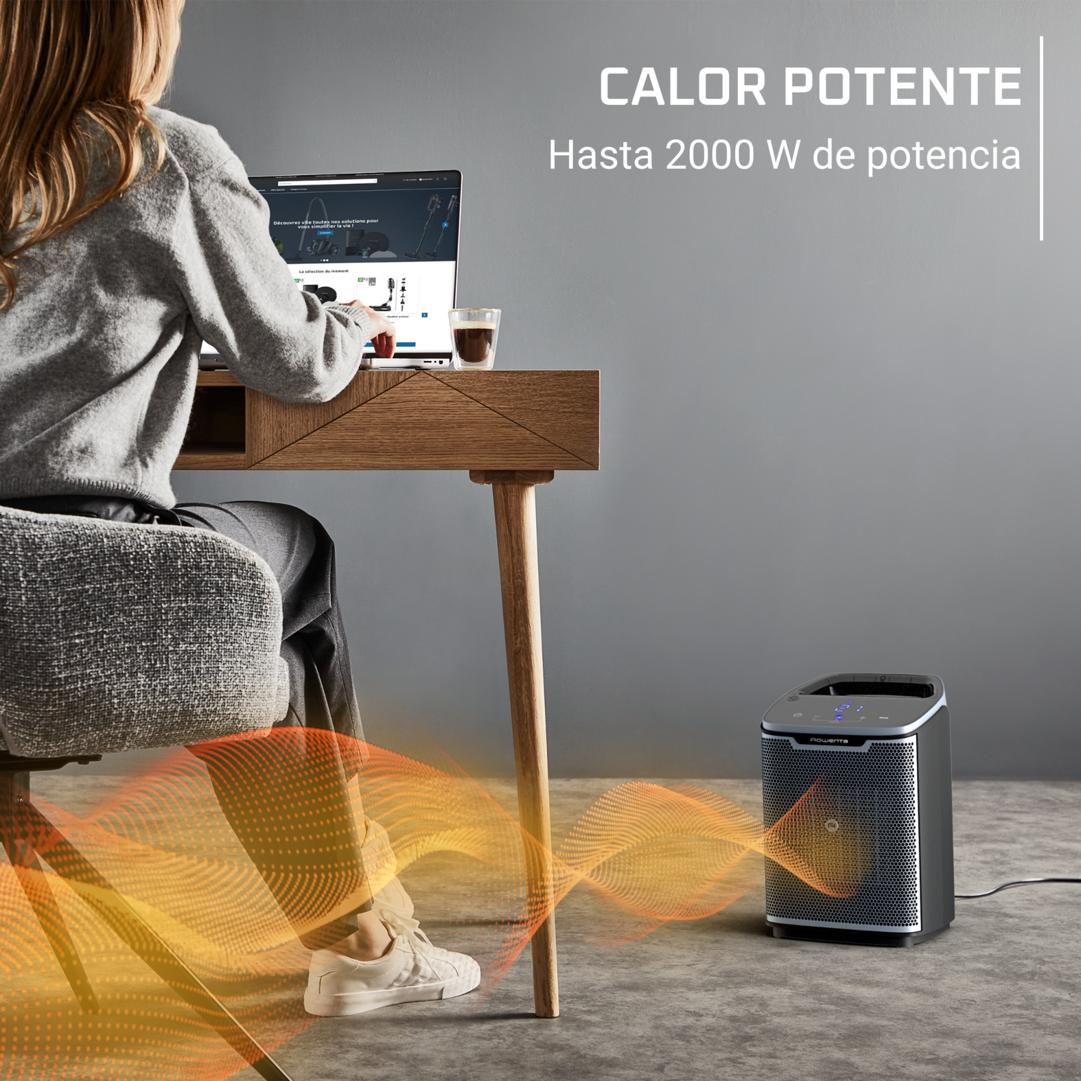 Mujer en escritorio con portátil, calefactor en primer plano. Se muestran ondas de calor naranjas. El texto dice 'Calor Potente'.