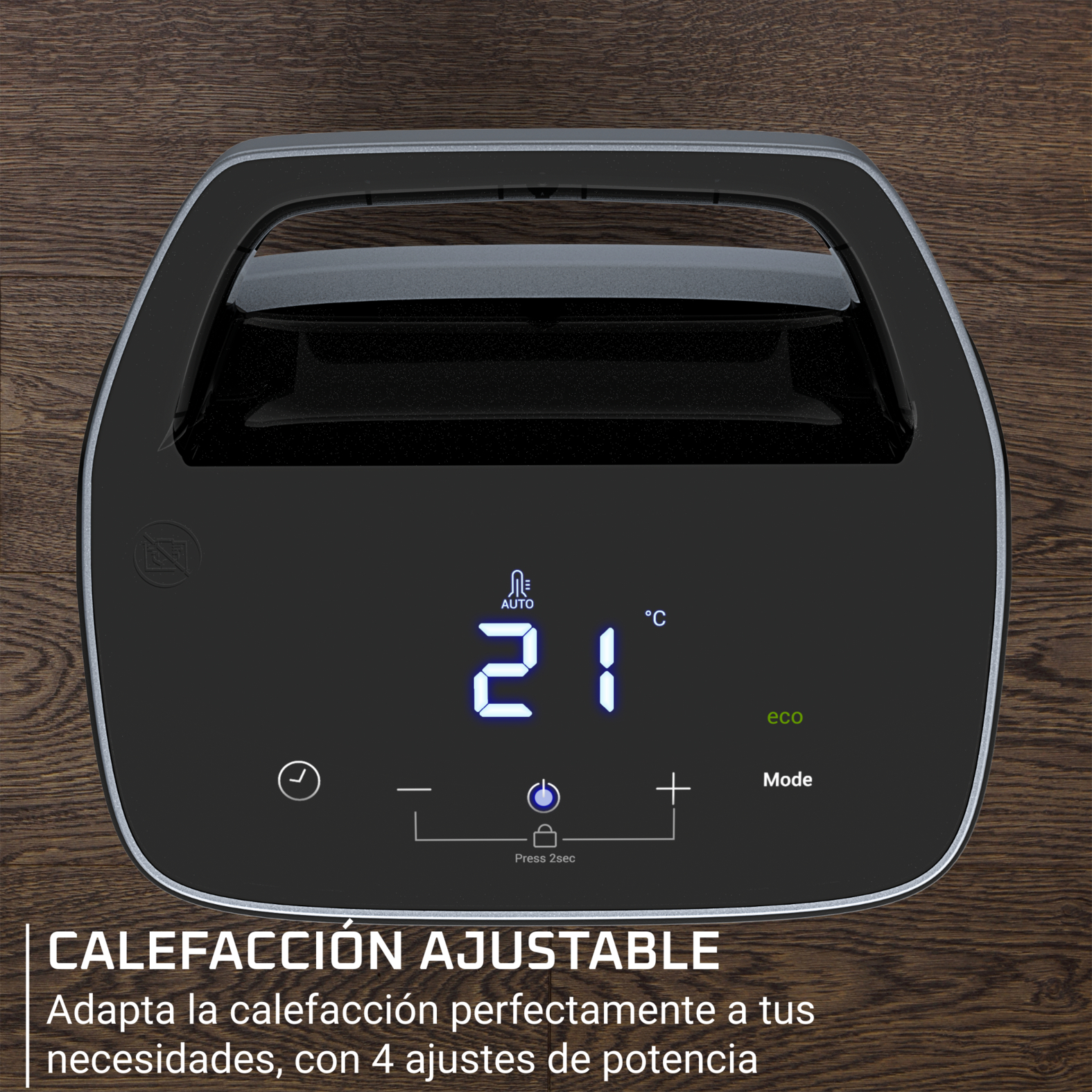 Calentador negro con pantalla digital que muestra 21 grados. Controles incluyen botones más/menos, temporizador y opciones.