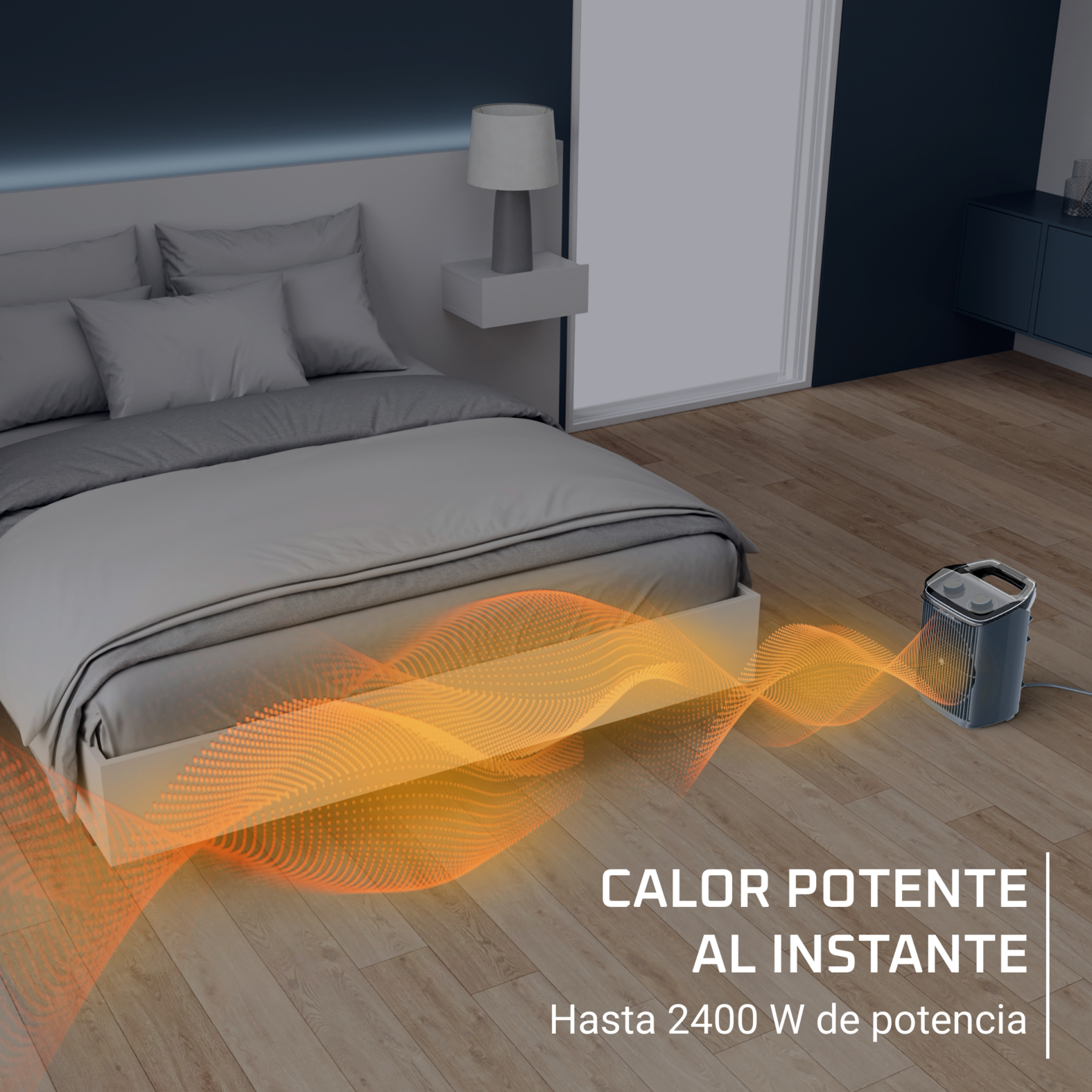 Un dormitorio con una cama y un calefactor. Ondas de calor anaranjadas emanan del calefactor. El texto dice: Calor potente al instante.