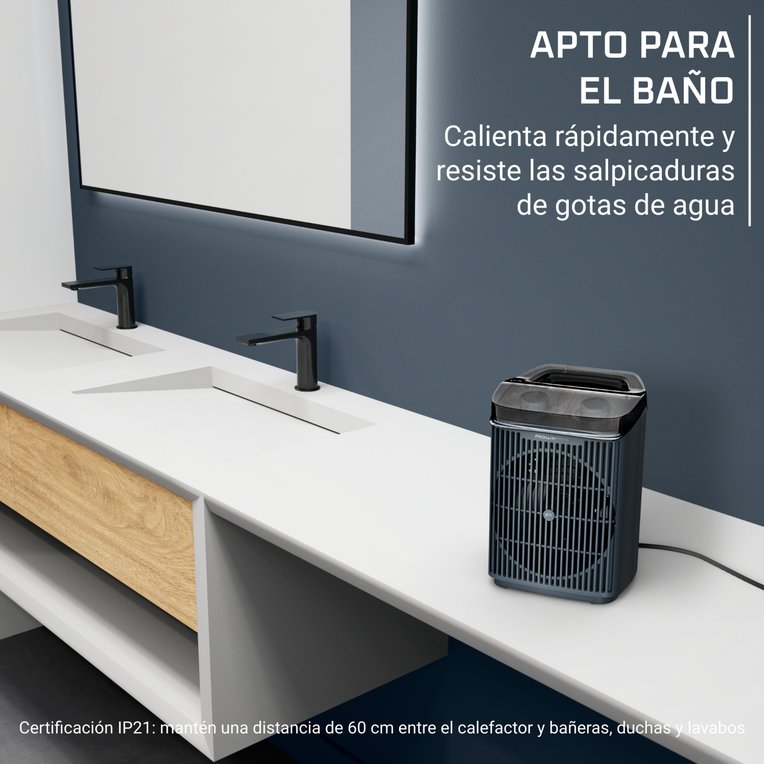 Escena de baño con un calentador, lavabos y espejo. Lavabos y encimera blancos, pared azul. Calentador con cable negro.