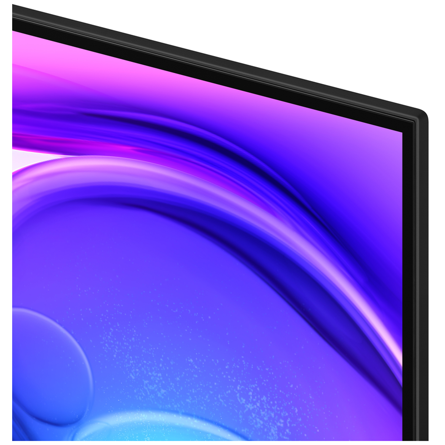 Close-up of a monitor. The screen displays a purple and blue abstract design. A black frame surrounds the screen.