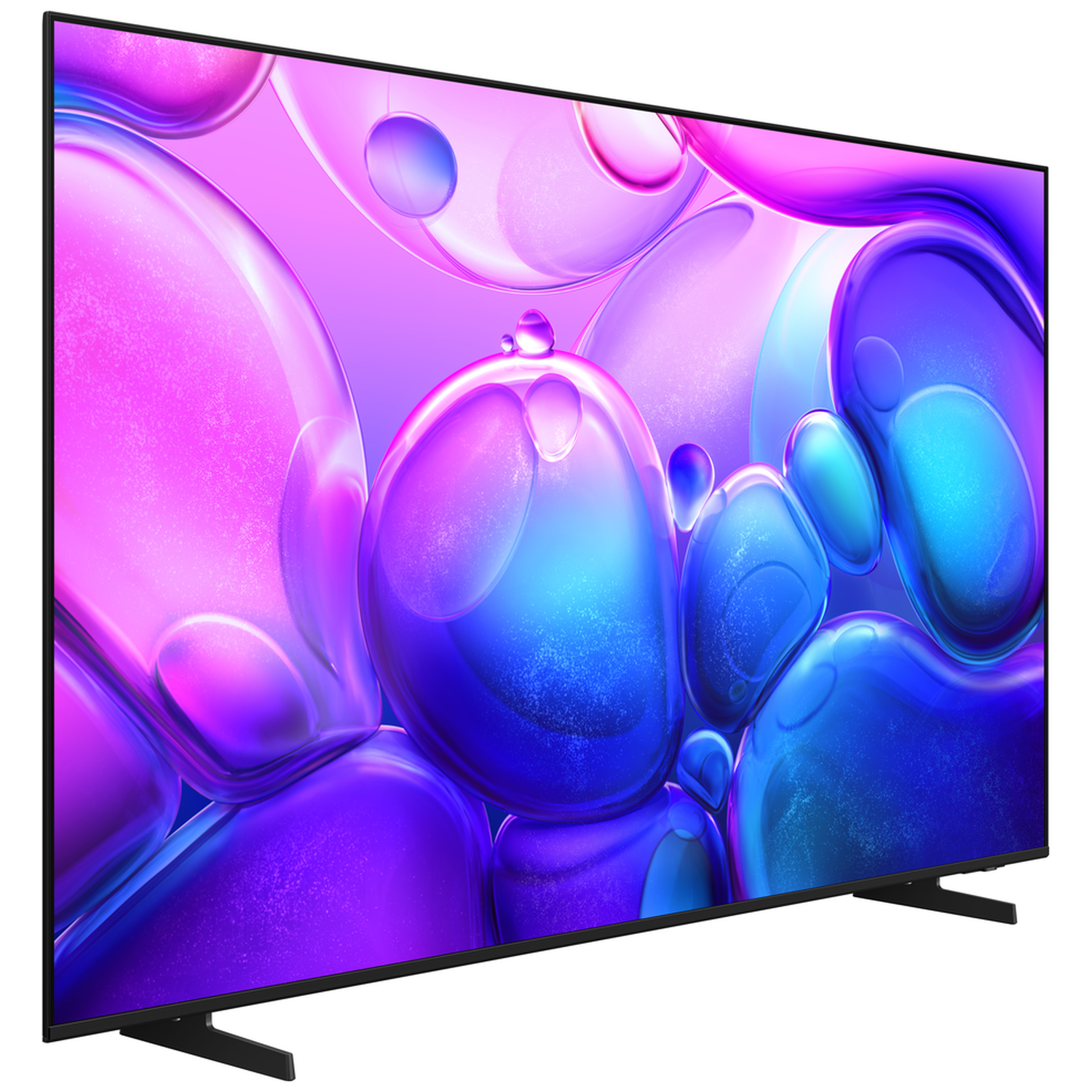 A modern TV displays an abstract, colorful pattern of blue, purple, and pink bubbles. The TV has black borders and stands.