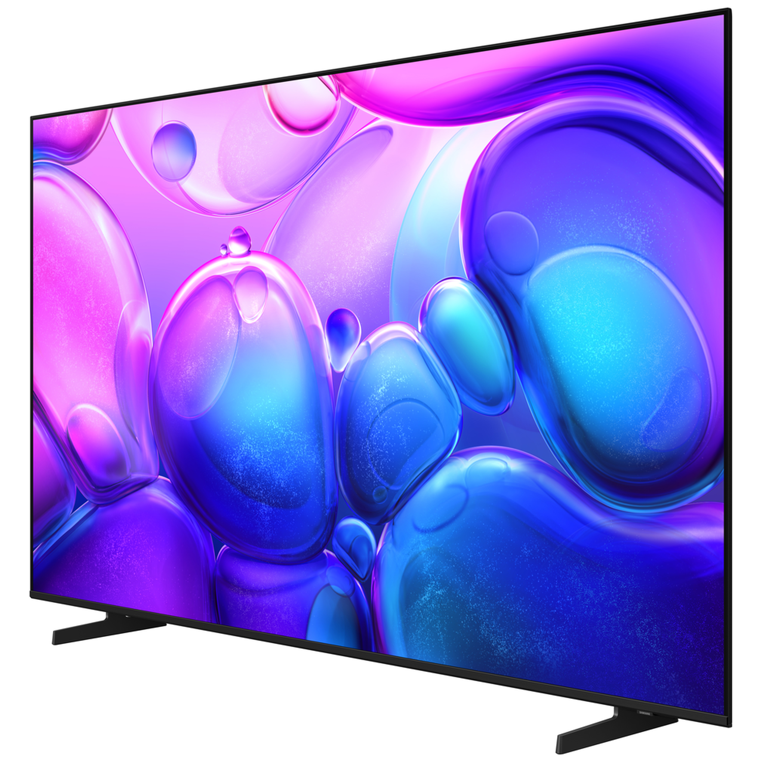 A large TV displays a colorful abstract pattern of blue, purple, and pink spheres. It's angled, with black stands.