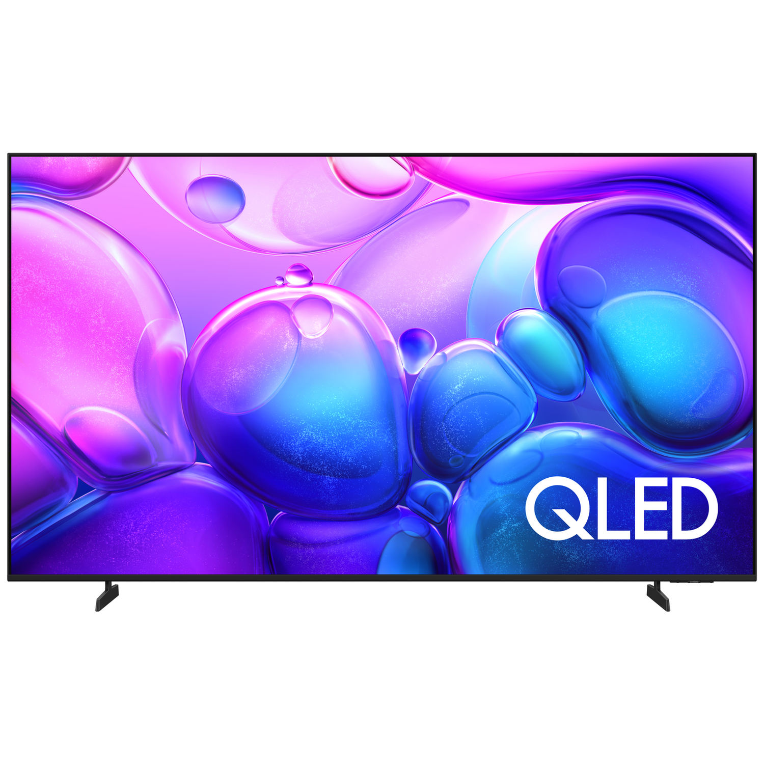 A QLED TV displays a colorful abstract pattern. Bubbles in shades of blue, purple, and pink fill the screen. The TV has black legs.