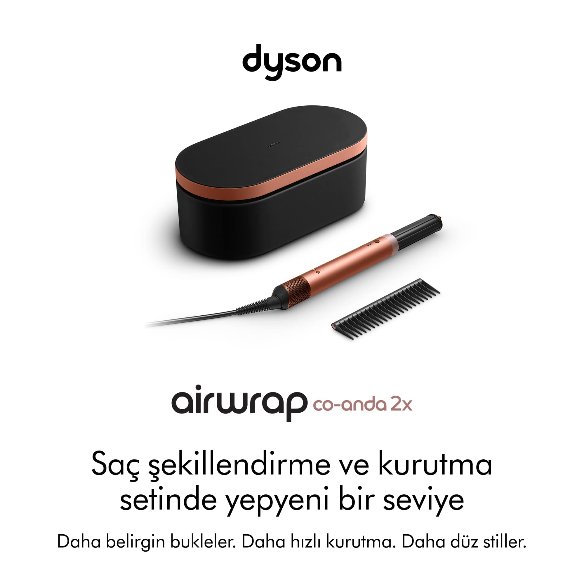 Ataşmanlı ve çantalı Dyson Airwrap şekillendirici. Siyah ve bakır renkler. Metin: yeni bir seviyede saç şekillendirme seti.