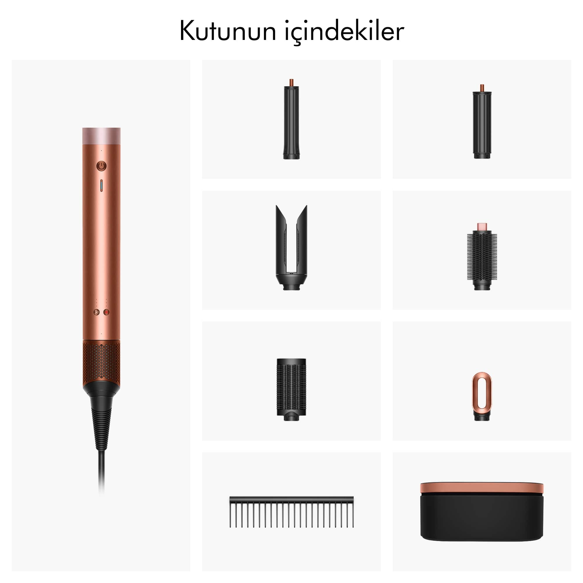 Görüntü, çoklu eklentilere sahip bakır renkli bir saç şekillendirme aleti gösteriyor. Başlık 'Kutunun İçindekiler' diyor.