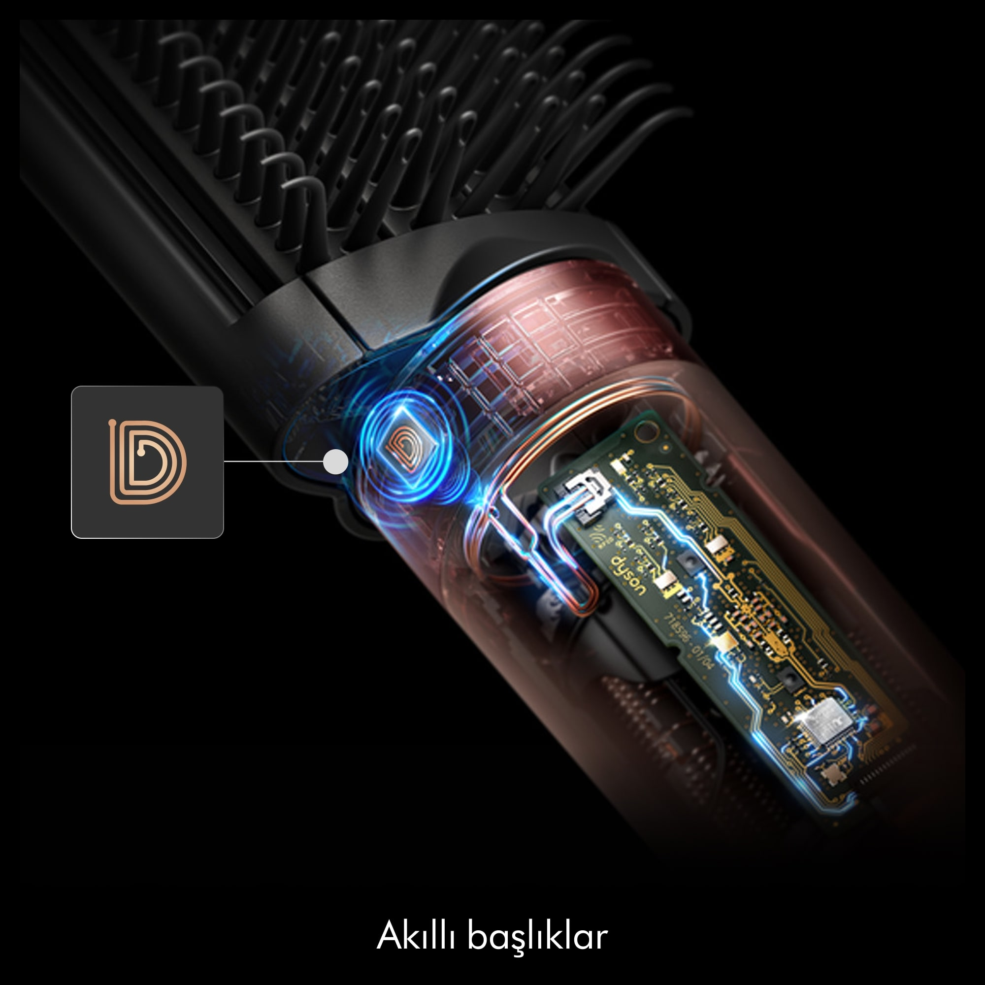 Dyson saç şekillendirme aletinin yakın çekimi, devre kartı ve fırça dahil iç bileşenleri gösteriyor. "Akıllı başlıklar" metni görülüyor.