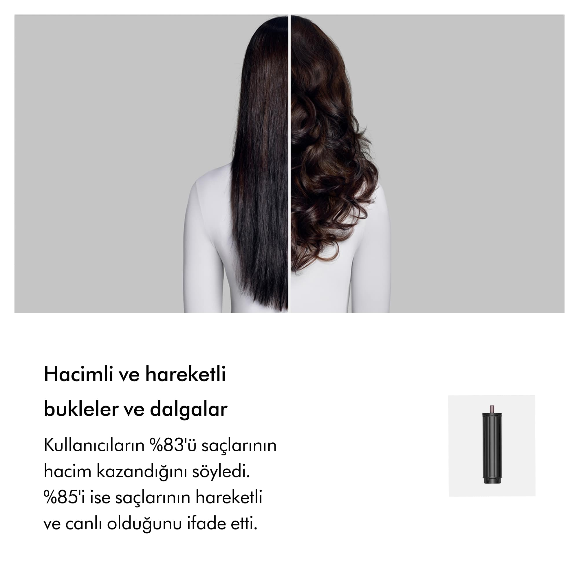 Görsel, saçın şekillendirme öncesi ve sonrası halini gösteriyor. Sol taraf düz, sağ taraf dalgalı. Saç hacmi hakkında metin.