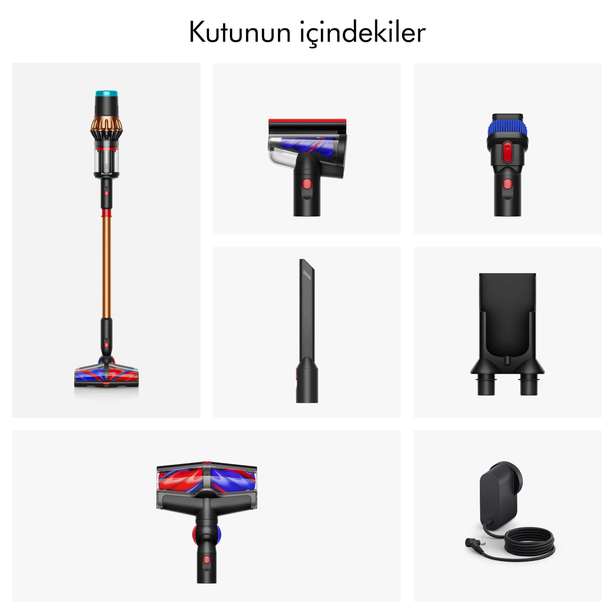 Görselde bir elektrikli süpürgenin parçaları gösteriliyor: ana ünite, fırça başlıkları, aralık aparatı, şarj istasyonu ve adaptör.