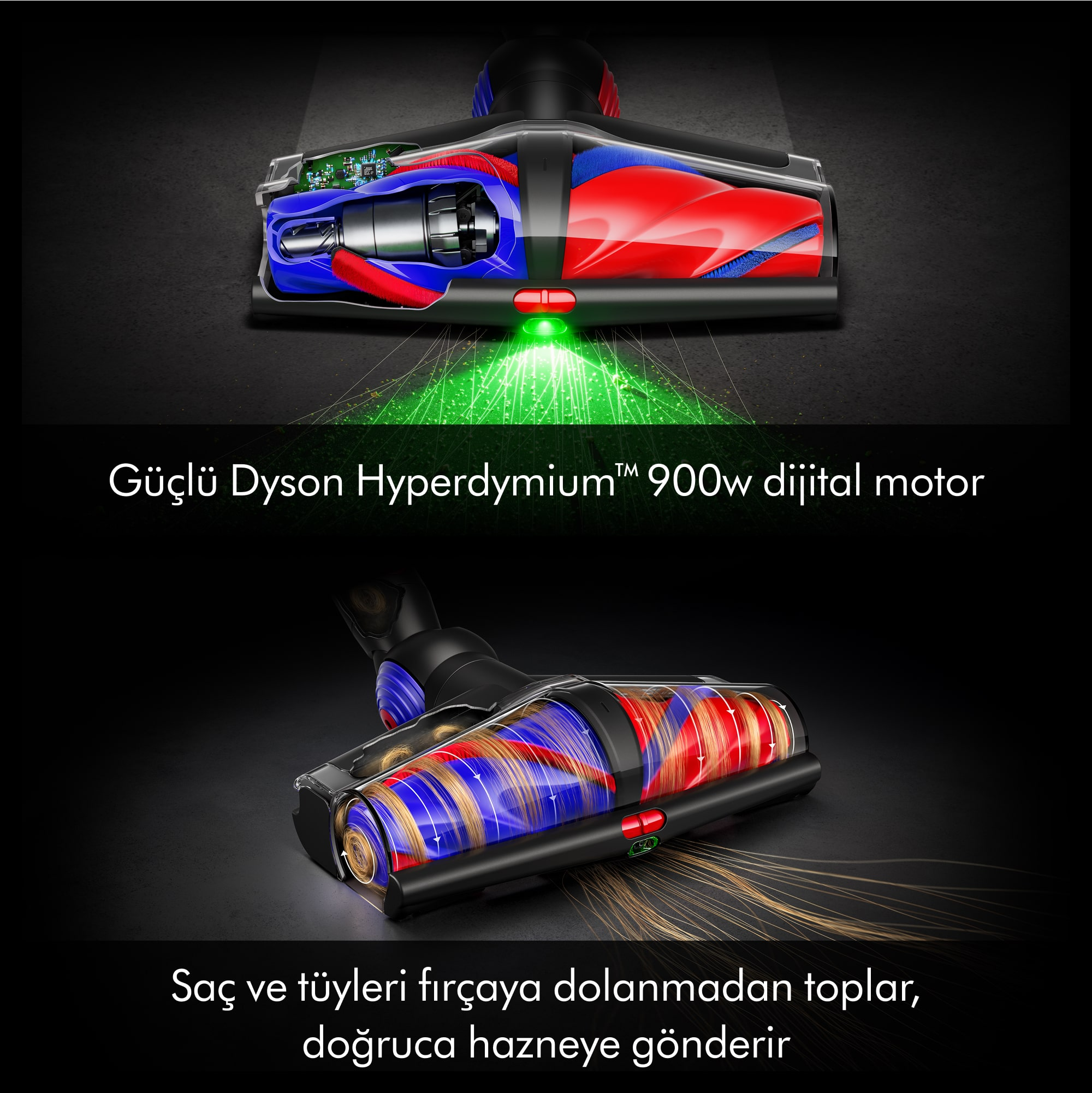 Kırmızı ve mavi fırçalı elektrikli süpürge başlığı detayı. Yeşil ışık yayılıyor. Metin: Güçlü Dyson Hyperdymium 900w dijital motor.
