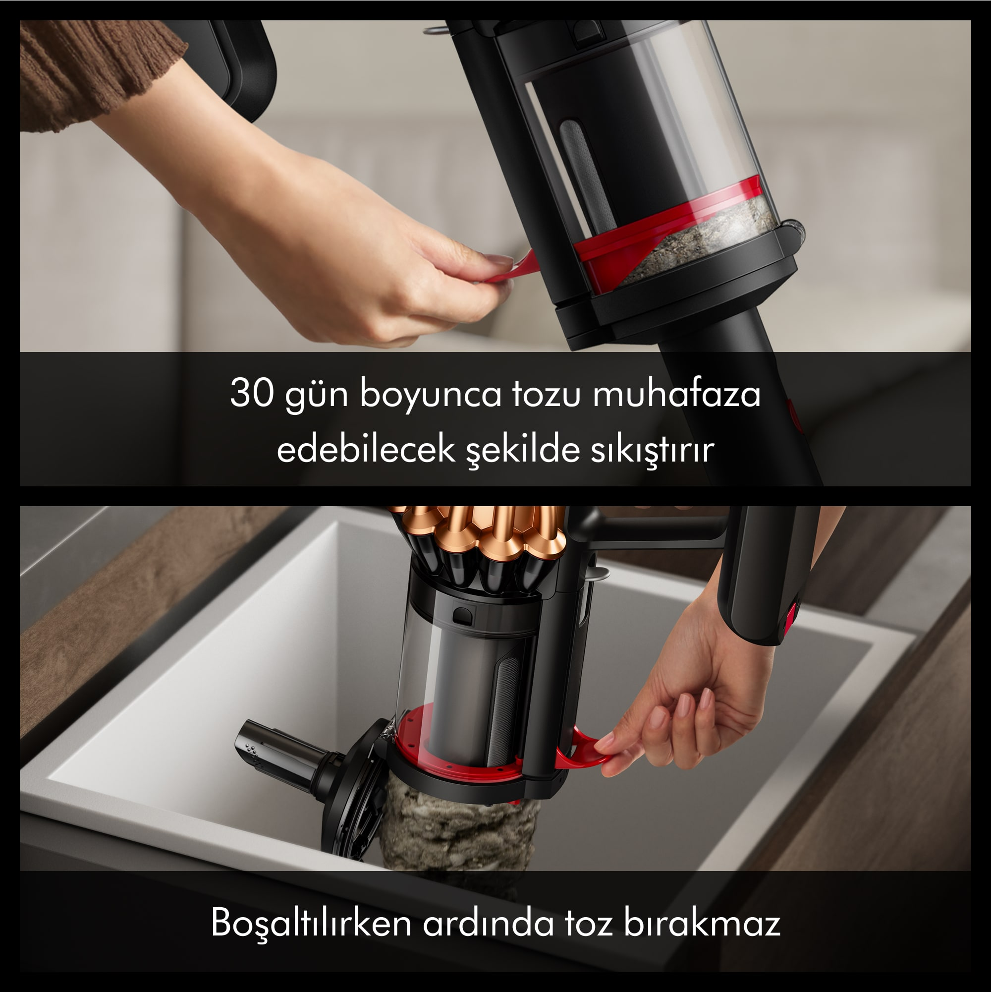Bir kişi elektrik süpürgesi kullanıyor. Tozu ve nasıl boşaltılacağını gösteriyor. Ayrıca kırmızı ve siyah renkleri gösteriyor.