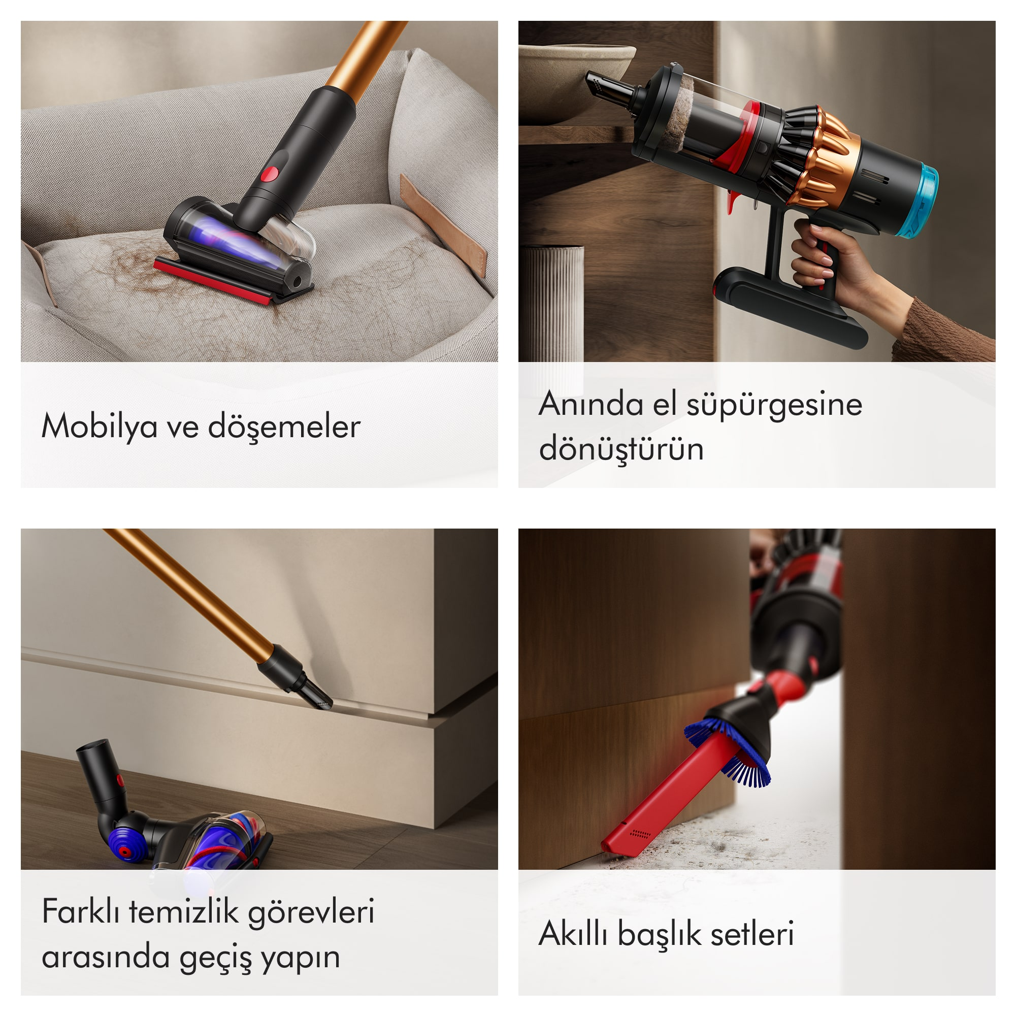 Süpürge, döşemeleri temizliyor. Kırmızı ve siyah bir başlığı ve altın rengi bir uzantısı var. Yüzeyden saç temizlemeyi gösterir.
