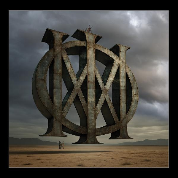 Monumentale Metallskulptur in Wüstenlandschaft unter stürmischem Himmel. Figuren stehen unten. Insekt oben.