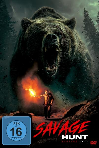 Poster: Ein Mann mit Fackel steht einem riesigen Bären gegenüber. Der Titel lautet Savage Hunt.