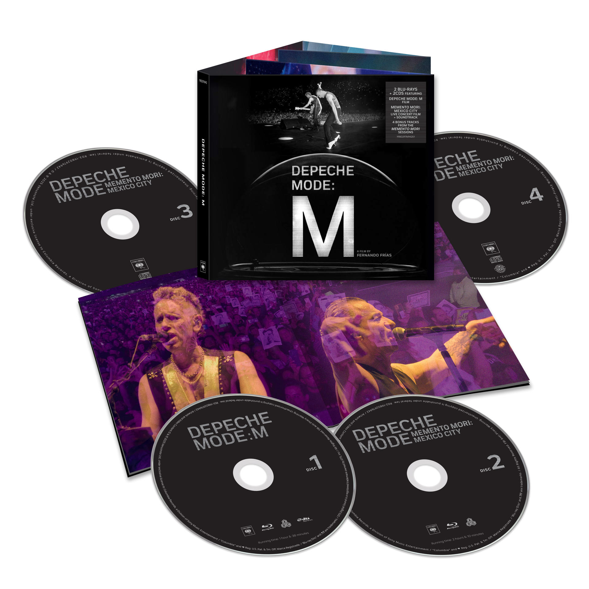 Depeche Mode Memento Mori Box-Set mit Discs, Konzertbildern und Bandlogo. Schwarz, Weiß und Lila dominieren.