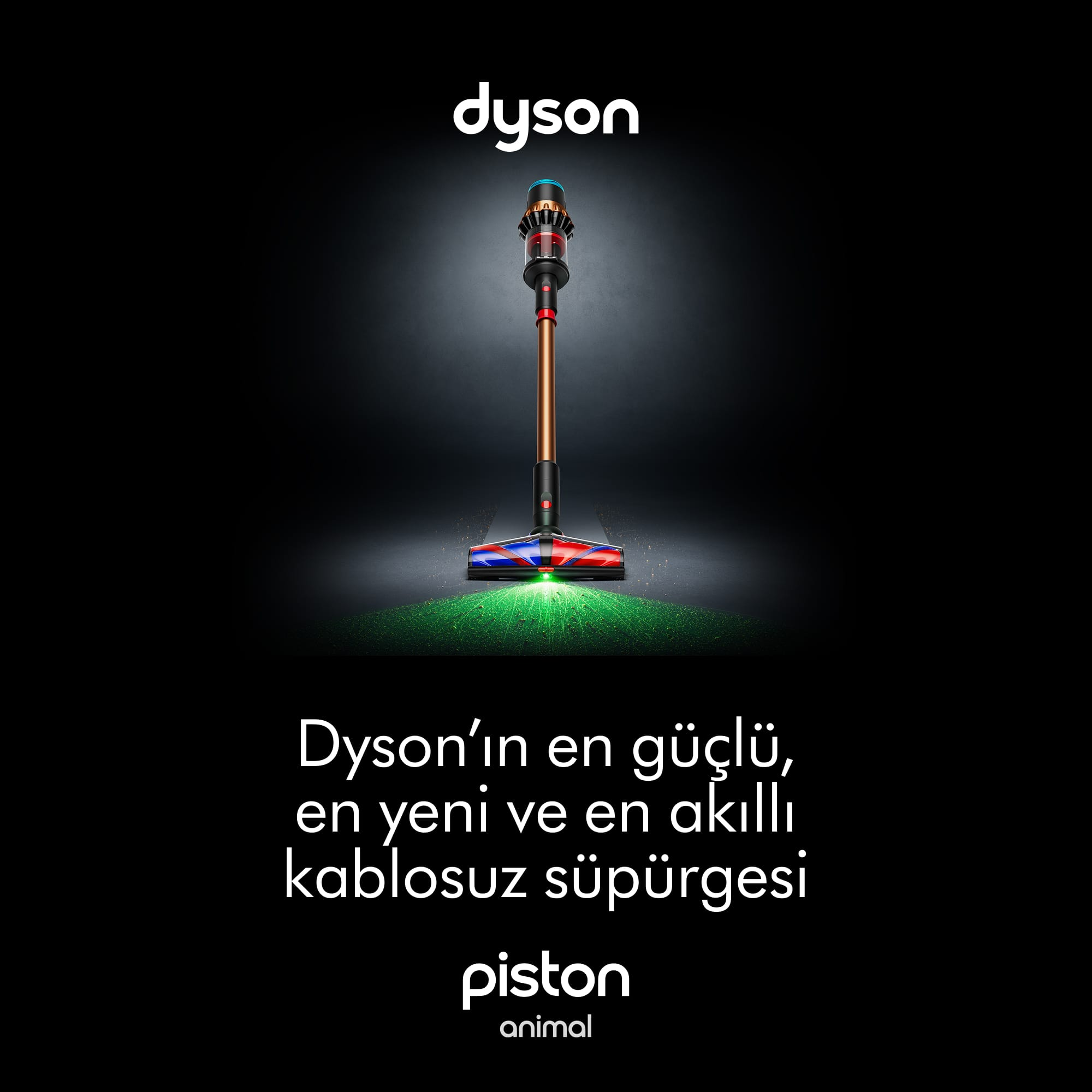 Dyson kablosuz elektrikli süpürge. Çoğunlukla siyahtır, bakır ve kırmızı vurgulara sahiptir. Alt kısımda yeşil ışık vardır.