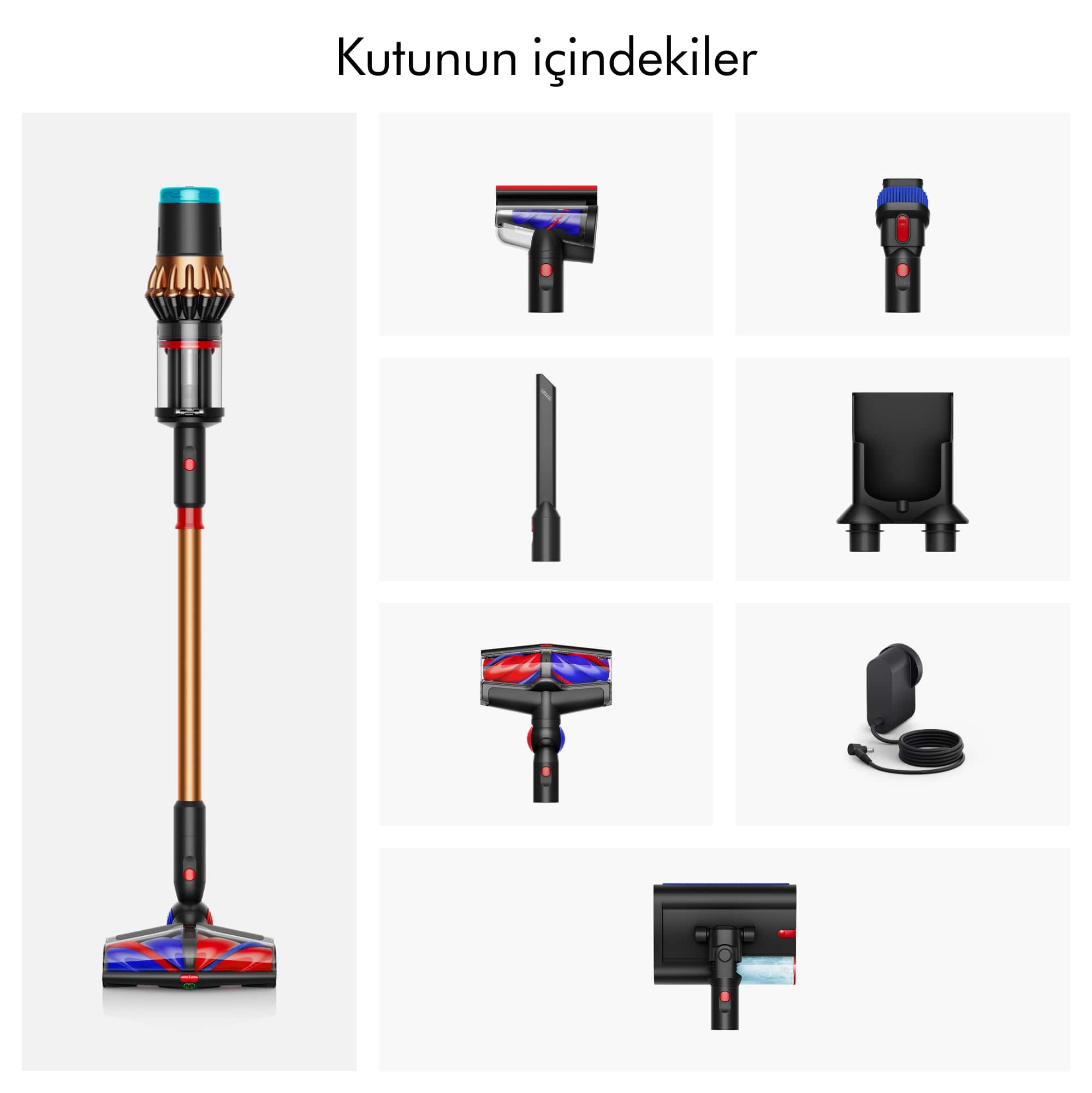 Görsel, elektrikli süpürge ve aksesuarlarını gösteriyor. Ana gövde, fırça başlıkları ve şarj yuvası içerir. Farklı açılardan parçalar vurgulanır.