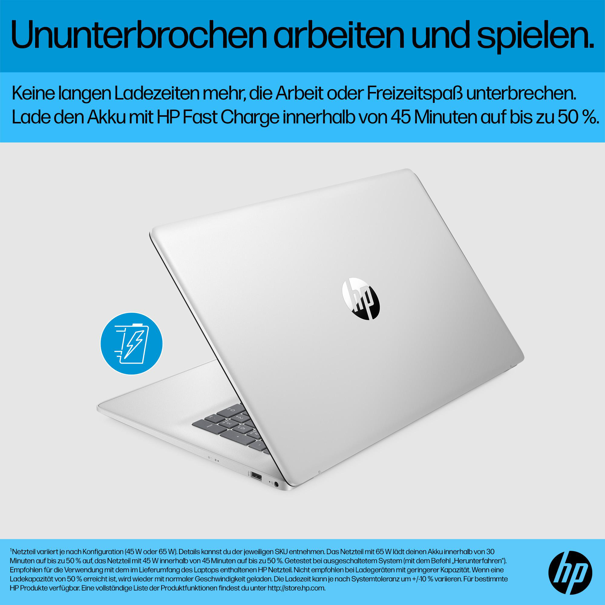 Ein silberner HP-Laptop ist auf einer weißen Oberfläche geöffnet. Der Text oben lautet: ununterbrochen arbeiten und spielen.