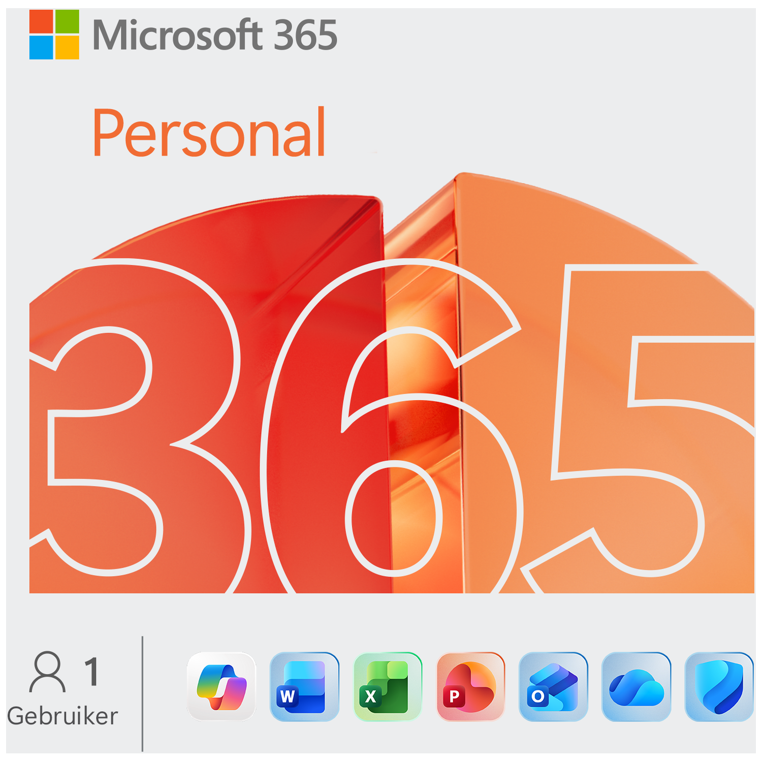 Microsoft 365 Personal logo. Grote oranje '365' met witte omtrek. Pictogrammen voor Word, Excel, PowerPoint, Outlook en andere apps.