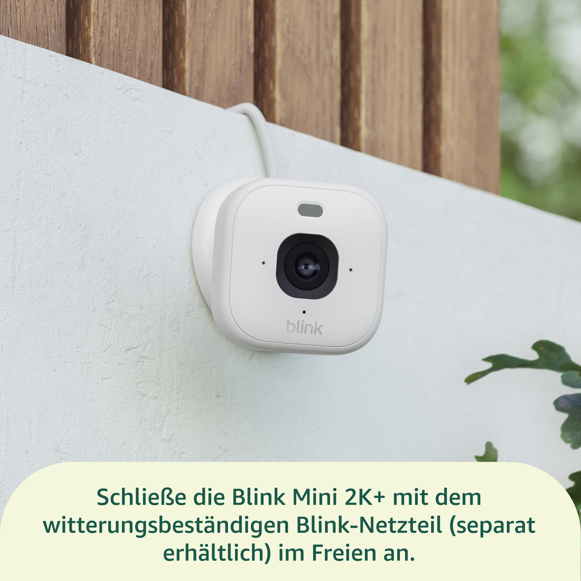 Eine weiße Blink Mini 2K+ Kamera an einer weißen Wand mit Holz- und Grünpflanzen im Hintergrund.