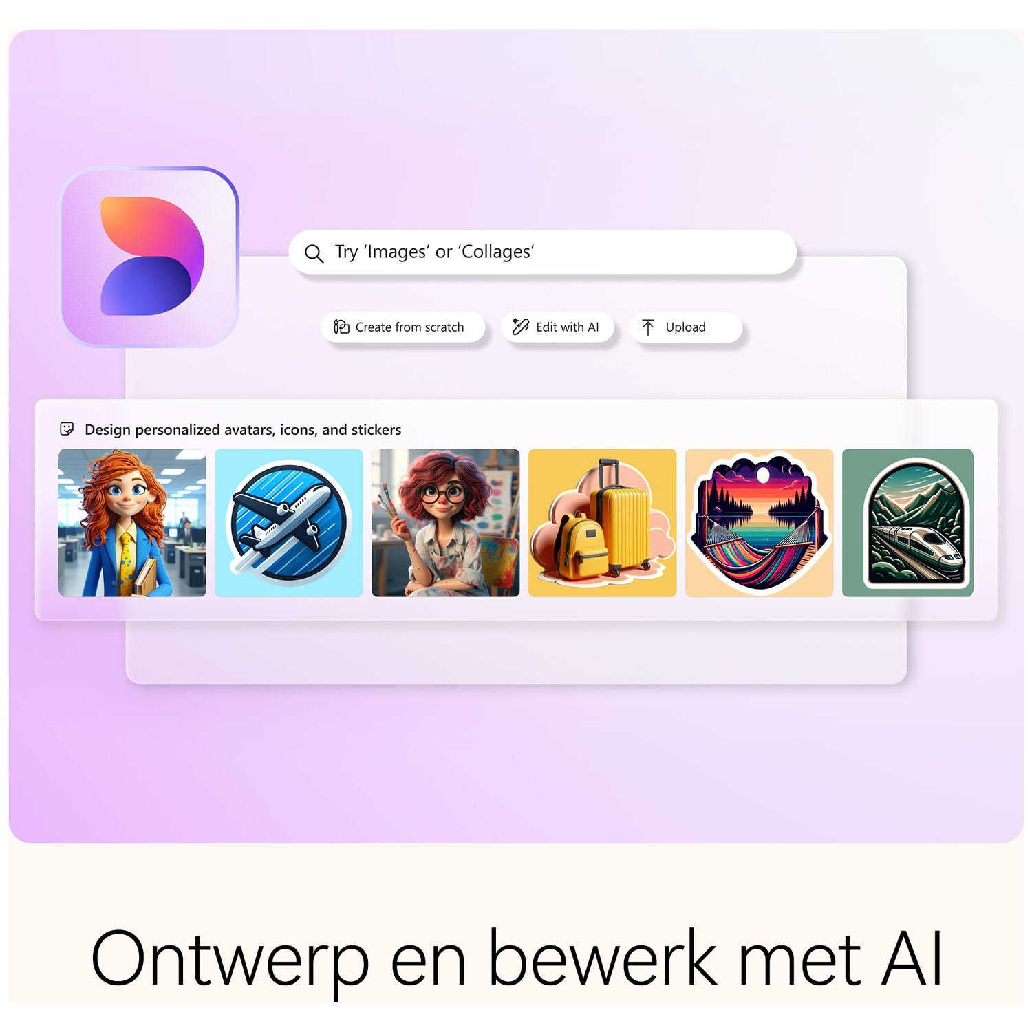 Interface showcasing AI image generation. Includes search bar, buttons for creation and editing, and example images like stickers and avatars.