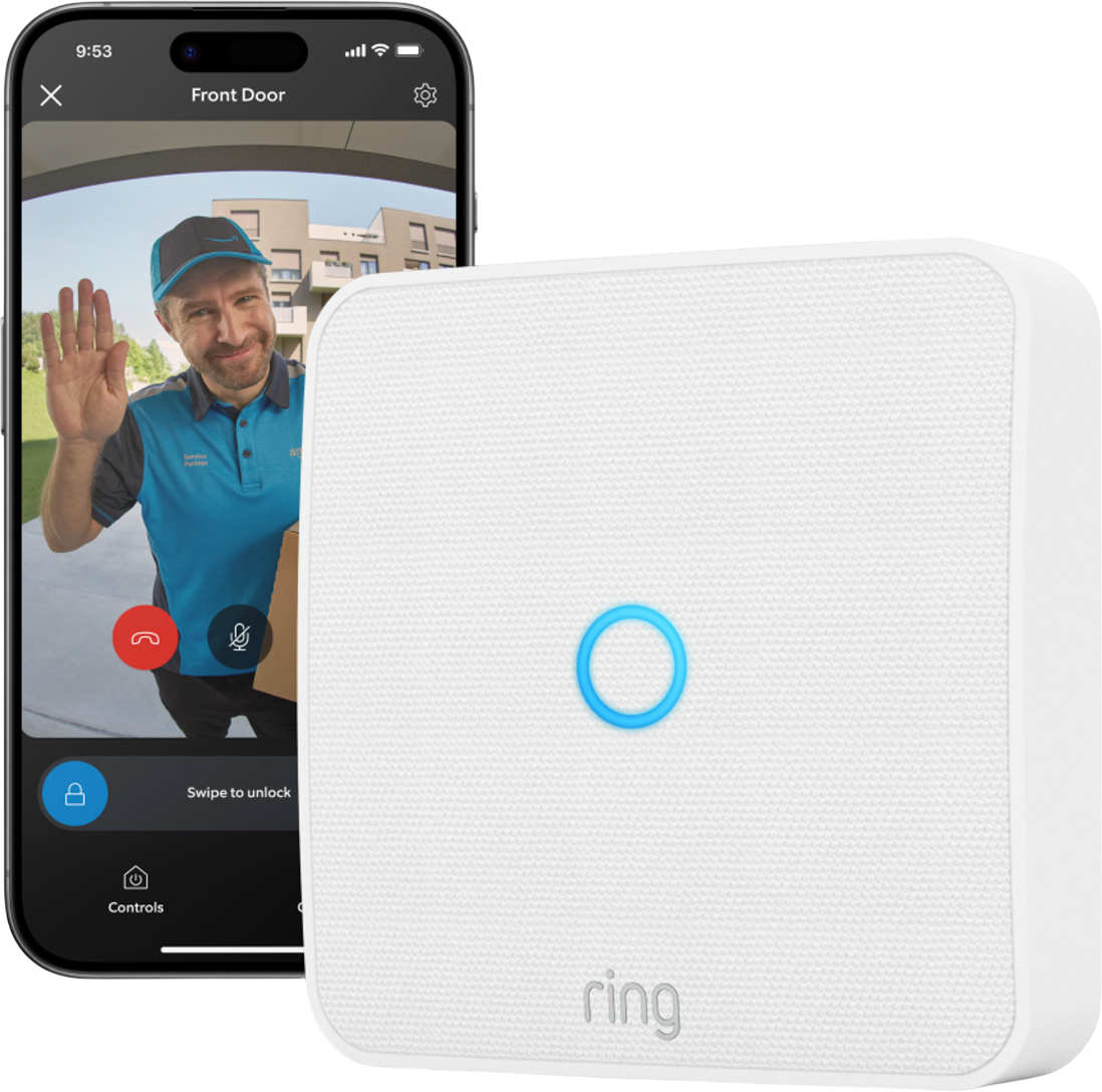 Auf dem Telefonbildschirm winkt ein Zusteller. Rechts befindet sich ein weißes Ring-Gerät mit blauem Licht.
