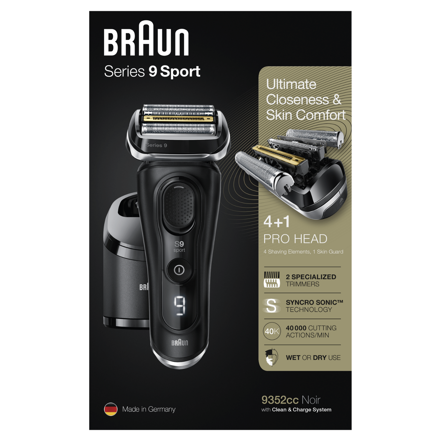 Afeitadora Braun Series 9 Sport. Diseño negro y plateado, con detalles y características del producto. Incluye afeitadora, estación de carga e información.