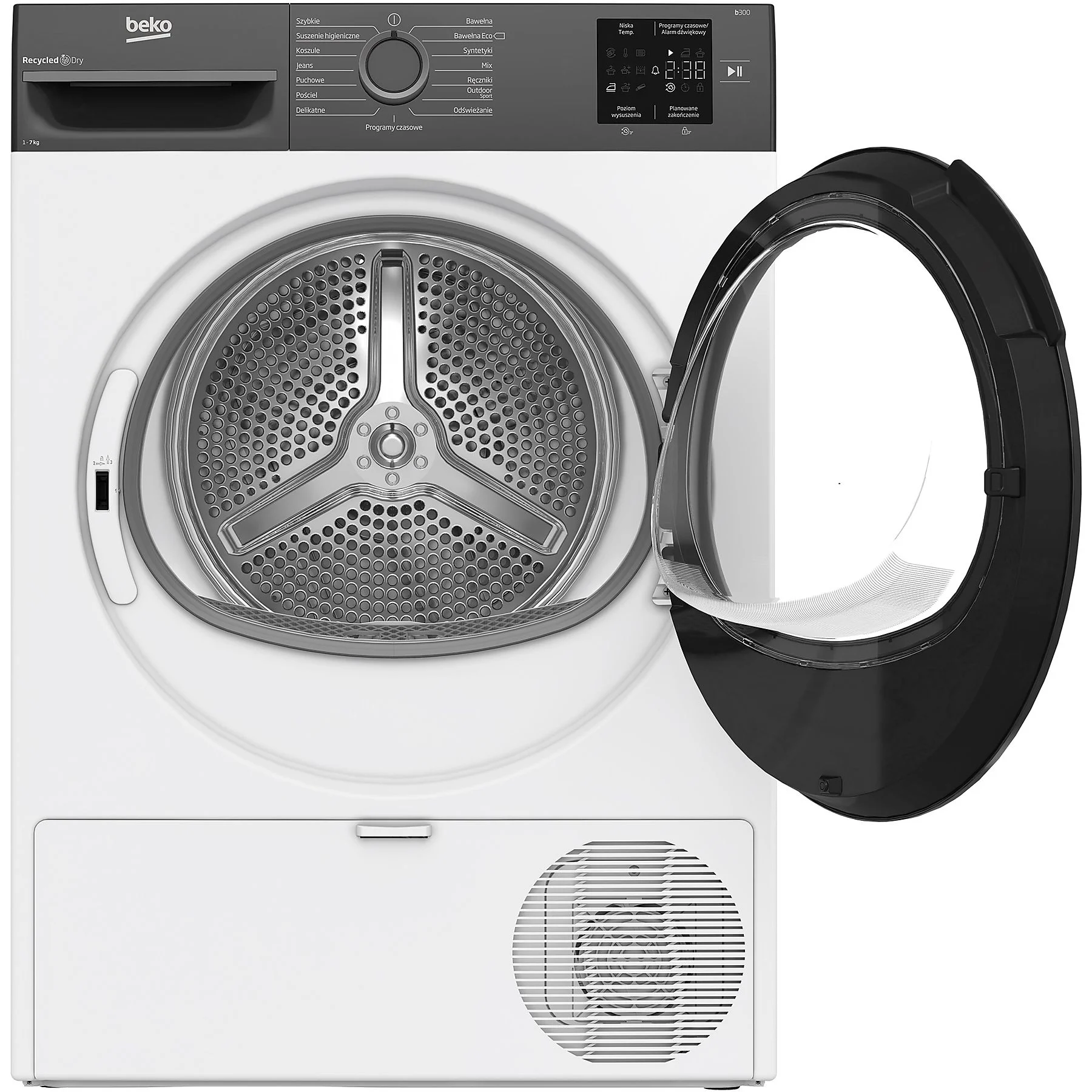 Biała suszarka Beko z otwartymi czarnymi drzwiami. Panel sterowania pokazuje opcje suszenia i timer.
