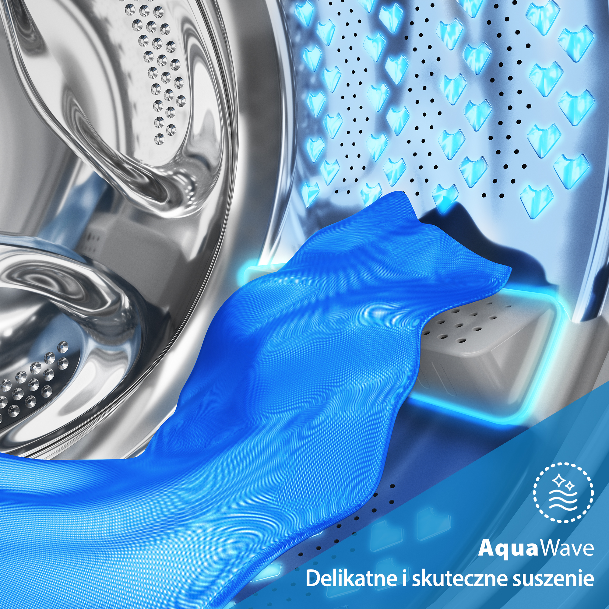W bębnie pralki płynie niebieska tkanina. Widoczne są światła w kształcie diamentów i logo AquaWave.