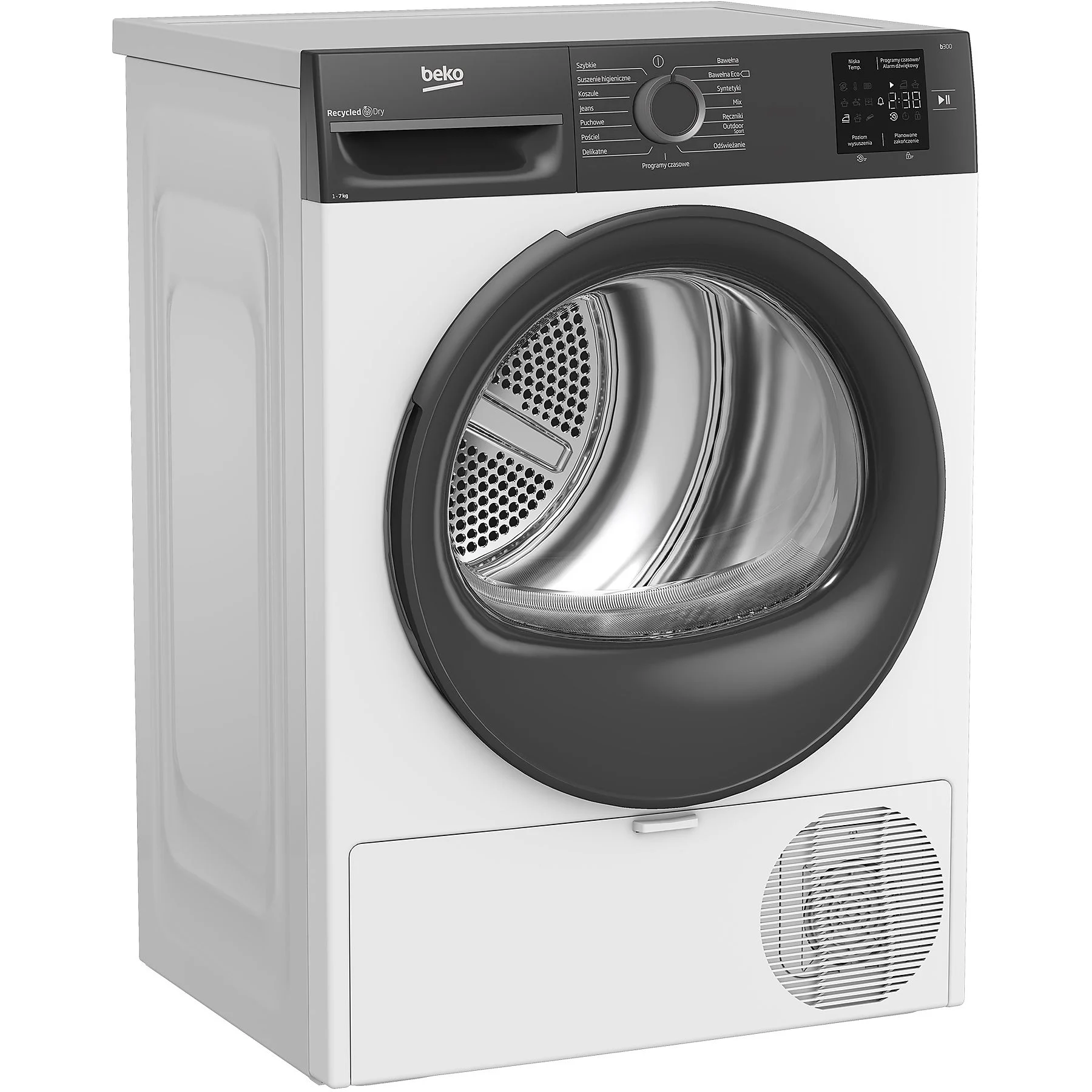 Biała suszarka Beko. Ma czarne drzwi i panel sterowania. Drzwi są okrągłe z metalowym wnętrzem. Na górze znajduje się panel sterowania.