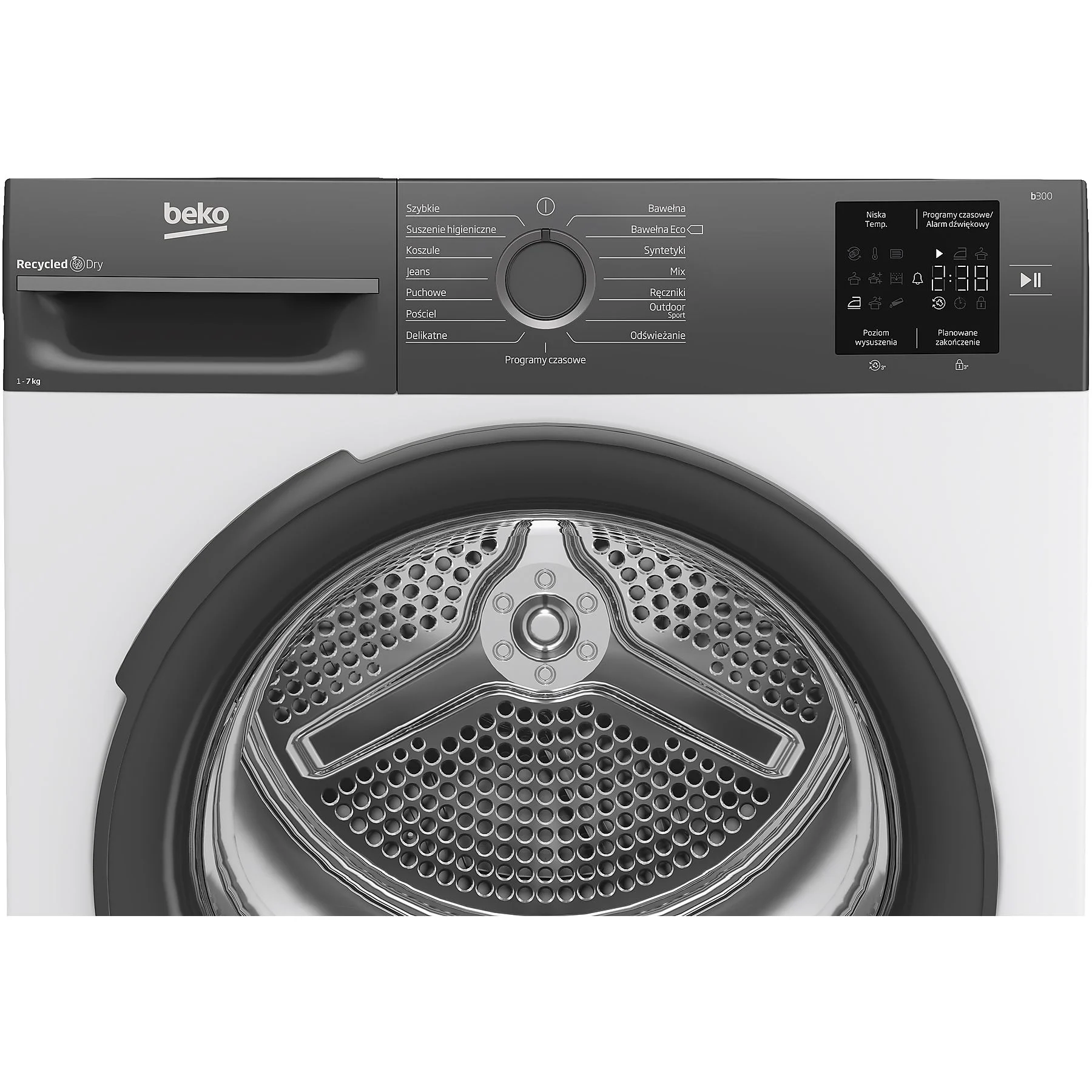 Biała suszarka Beko z czarnymi drzwiami. Posiada panel sterowania i wyświetlacz cyfrowy.