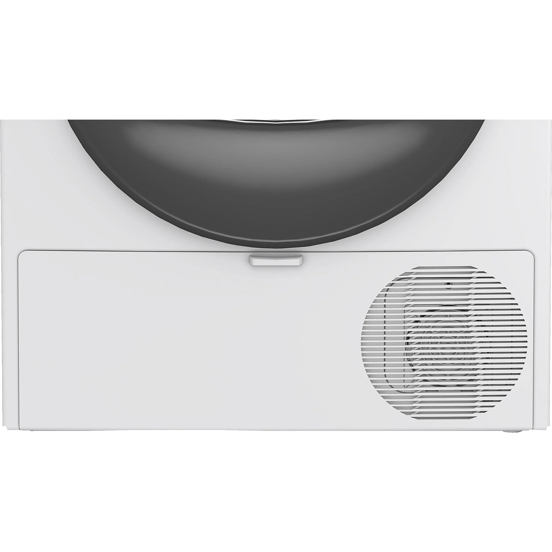 Widok z góry na białą suszarkę z czarnym panelem górnym i wentylacją po prawej stronie.