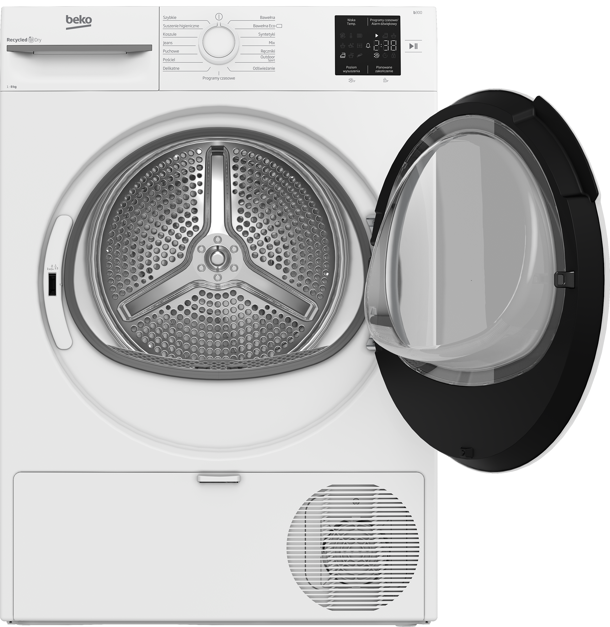 Biała suszarka Beko, otwarte drzwi, widoczny bęben. Widoczny panel sterowania i programy.