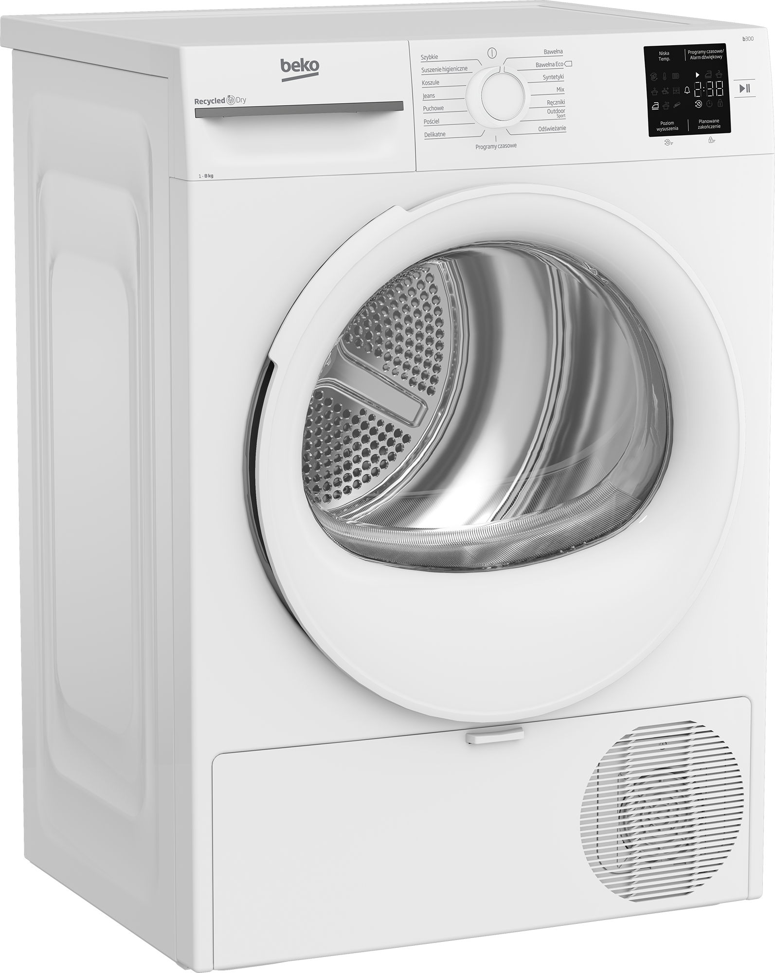Biała suszarka Beko z okrągłymi drzwiami, panelem sterowania i dolnym otworem wentylacyjnym. Drzwi są uchylone.