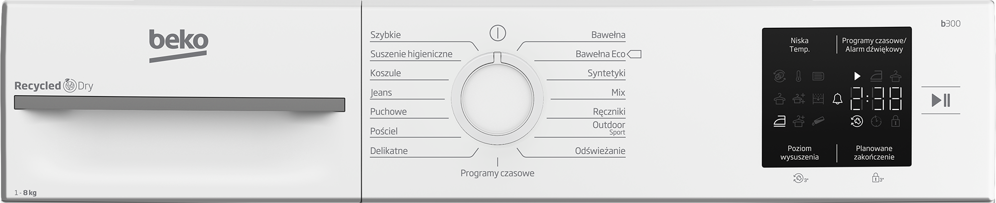 Biała suszarka Beko z panelem sterowania, pokrętłem programów i cyfrowym wyświetlaczem czasu i ustawień.