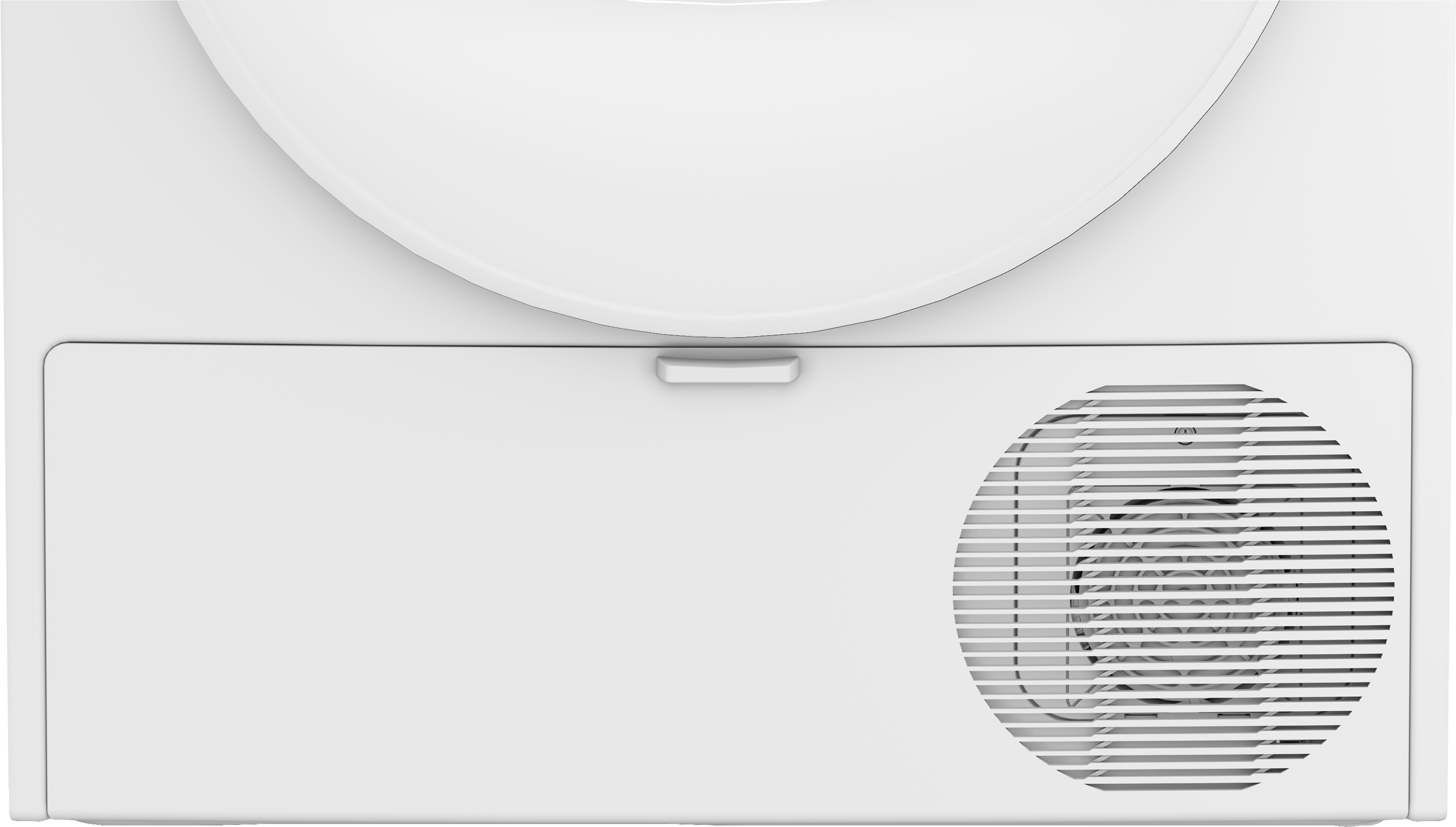 Widok z góry na białą suszarkę. Ma zakrzywioną górę i prostokątną dolną część z wentylatorem.