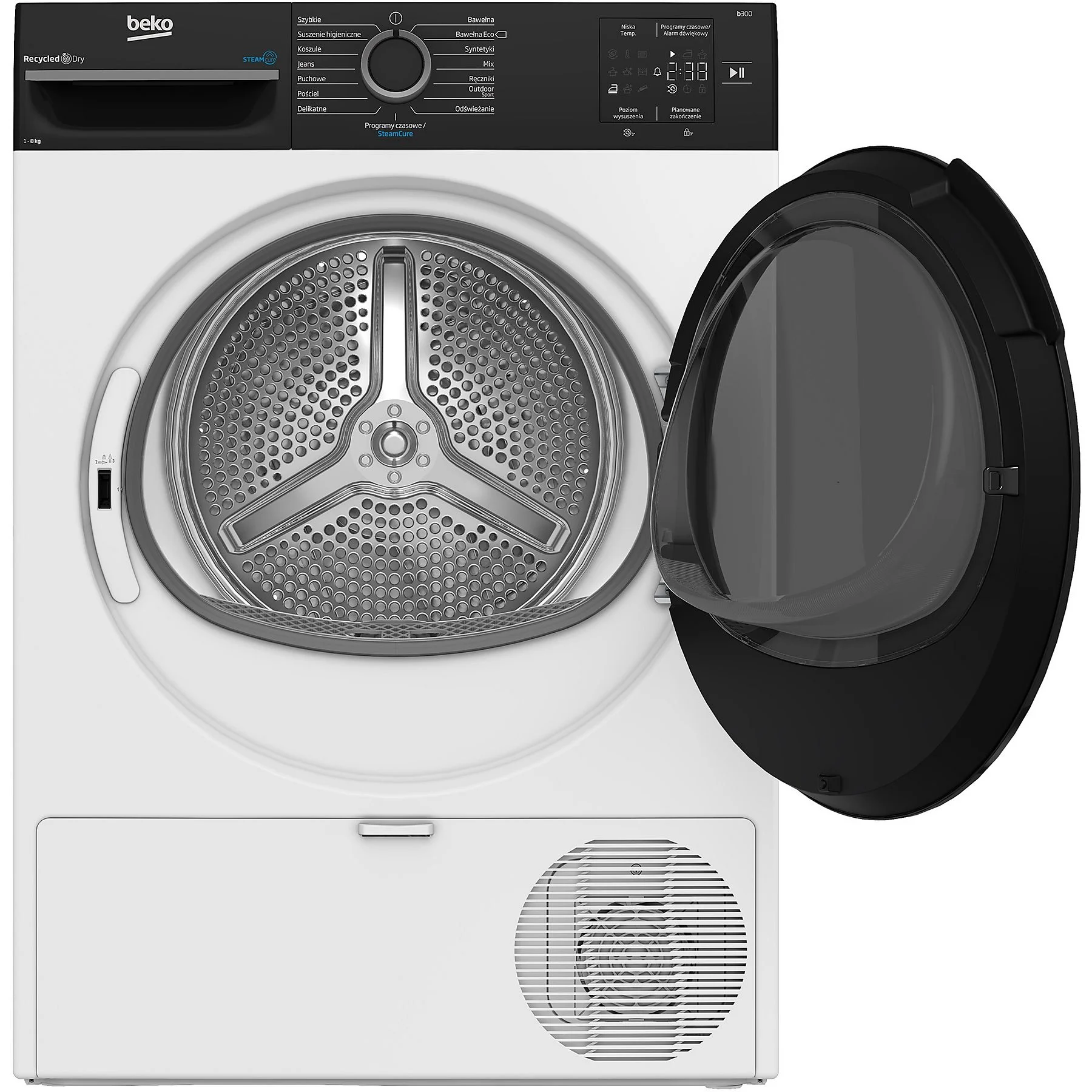 Biała suszarka Beko z otwartymi czarnymi drzwiami. Elementy sterujące i ustawienia u góry.