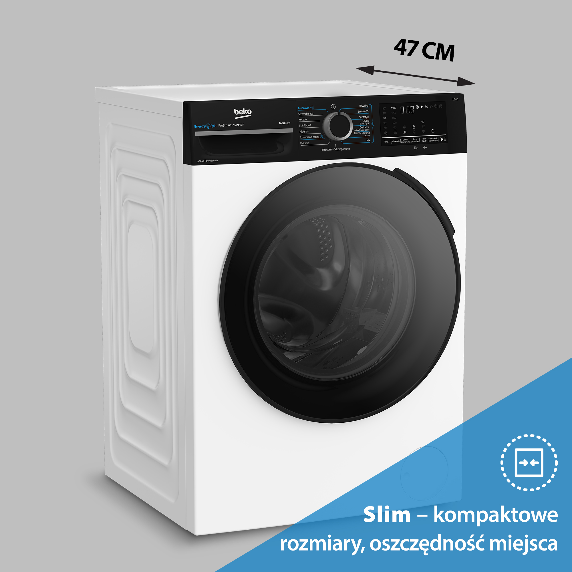 Biała pralka Beko z czarnymi drzwiami i panelem sterowania, widoczny tekst i wymiary.