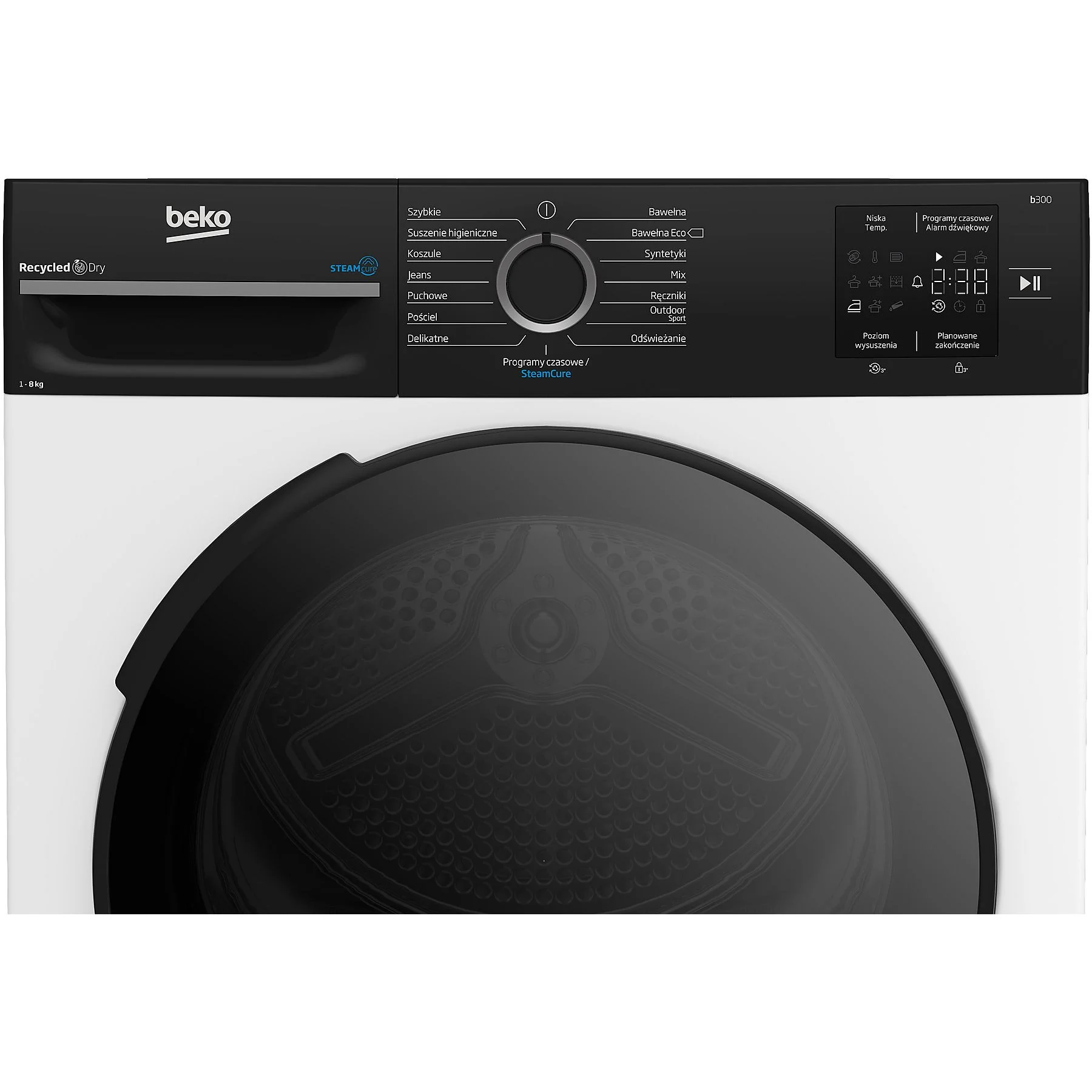 Suszarka Beko z czarnym panelem przednim. Posiada wyświetlacz cyfrowy, pokrętło wyboru programu i różne opcje suszenia.