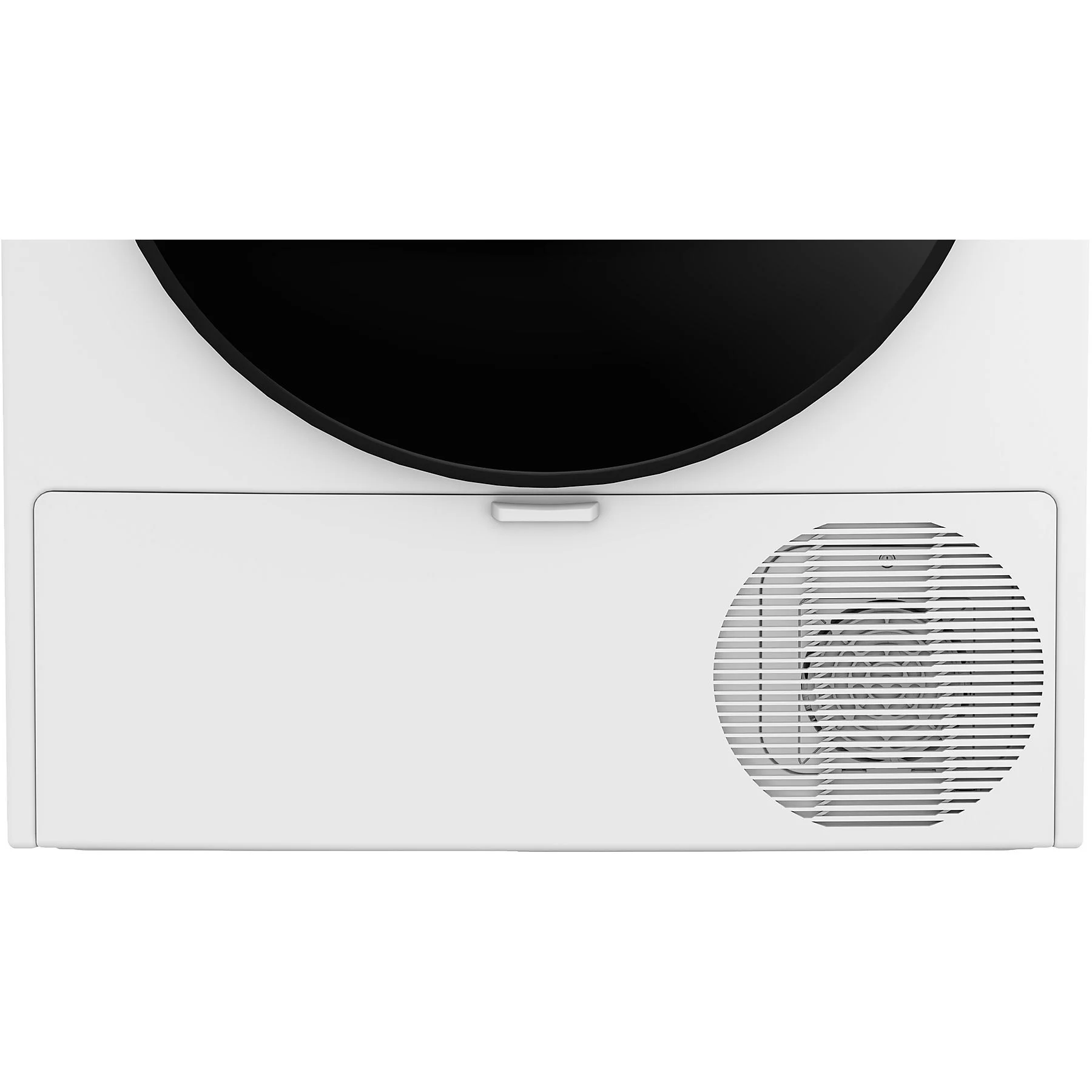 Widok z góry na białą suszarkę z czarnym blatem. Posiada otwór wentylacyjny i uchwyt.