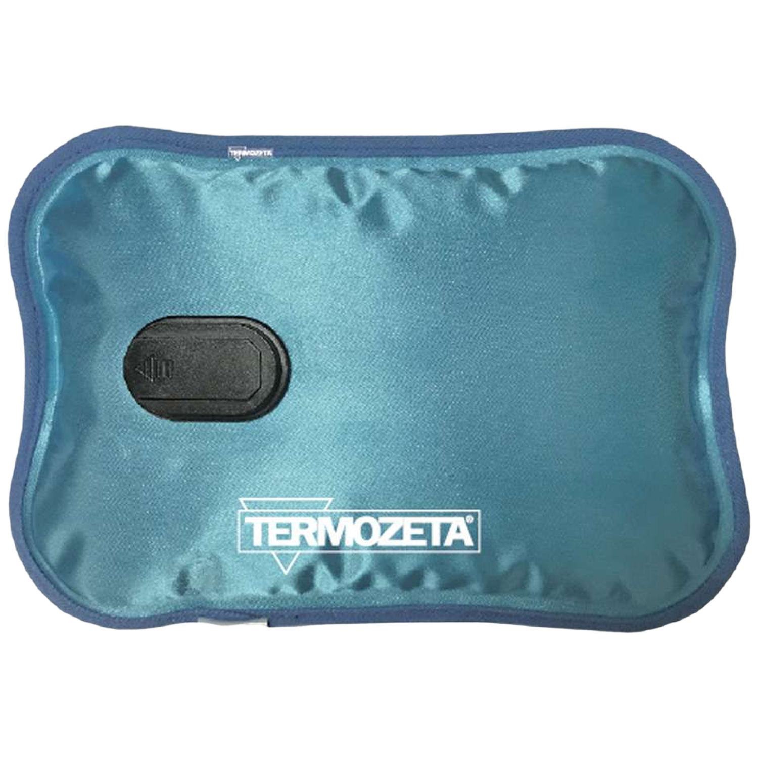 Une bouillotte Termozeta turquoise. Elle a un bouton noir et une bordure bleue. La marque est blanche.