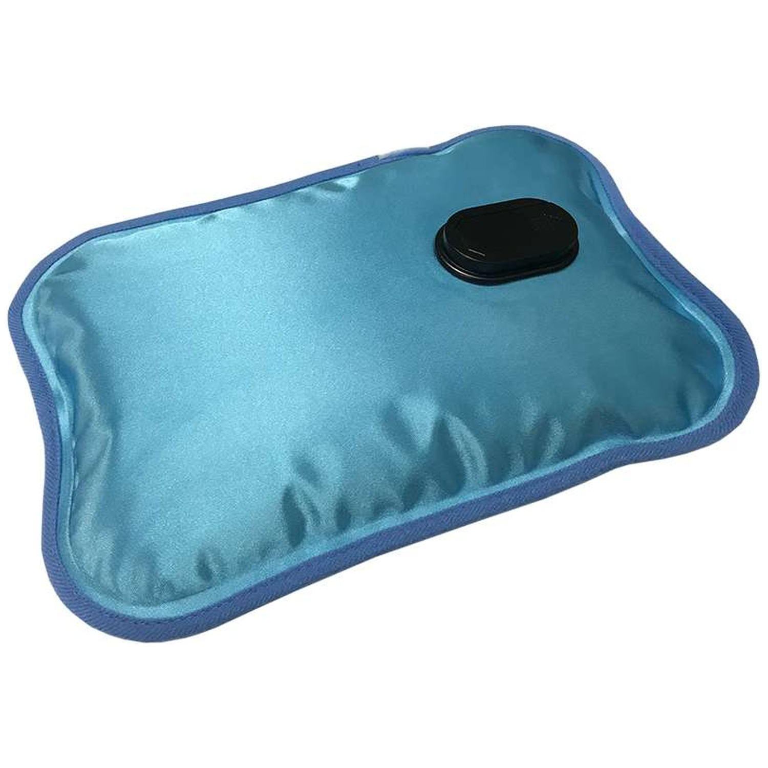 Une bouillotte bleue avec un bouchon noir, bordée de bleu, sur fond blanc.