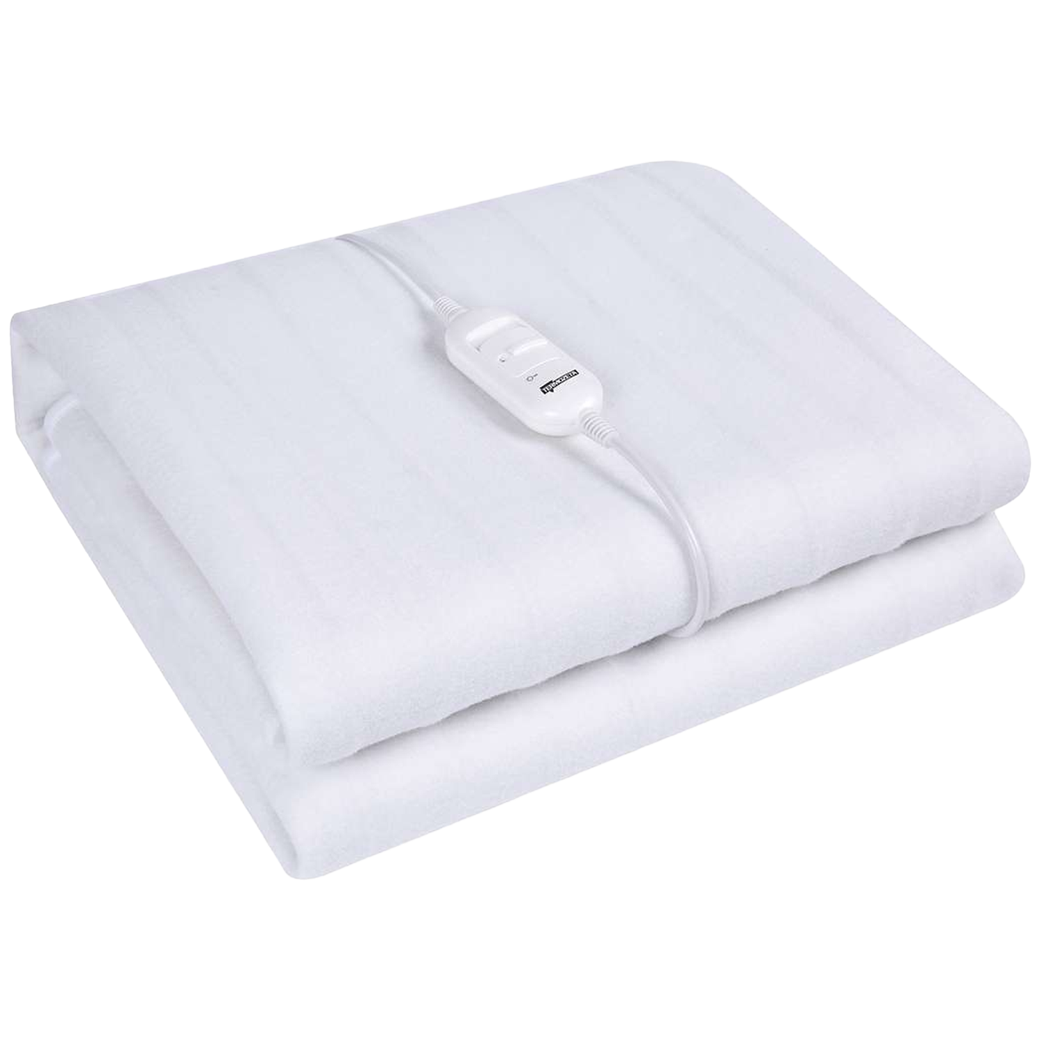 Une couverture électrique blanche pliée avec une unité de contrôle et un cordon blancs.