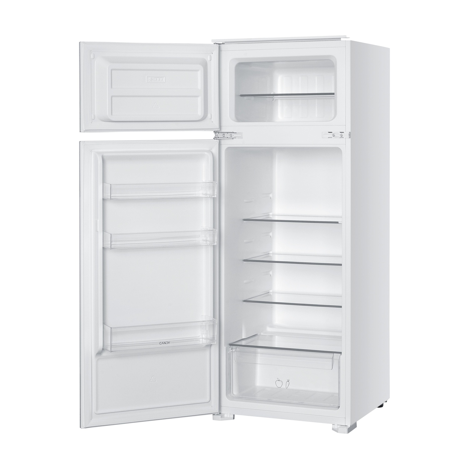 Un frigorifero bianco con le porte aperte. La porta superiore è per il congelatore. La porta inferiore rivela ripiani e un cassetto.