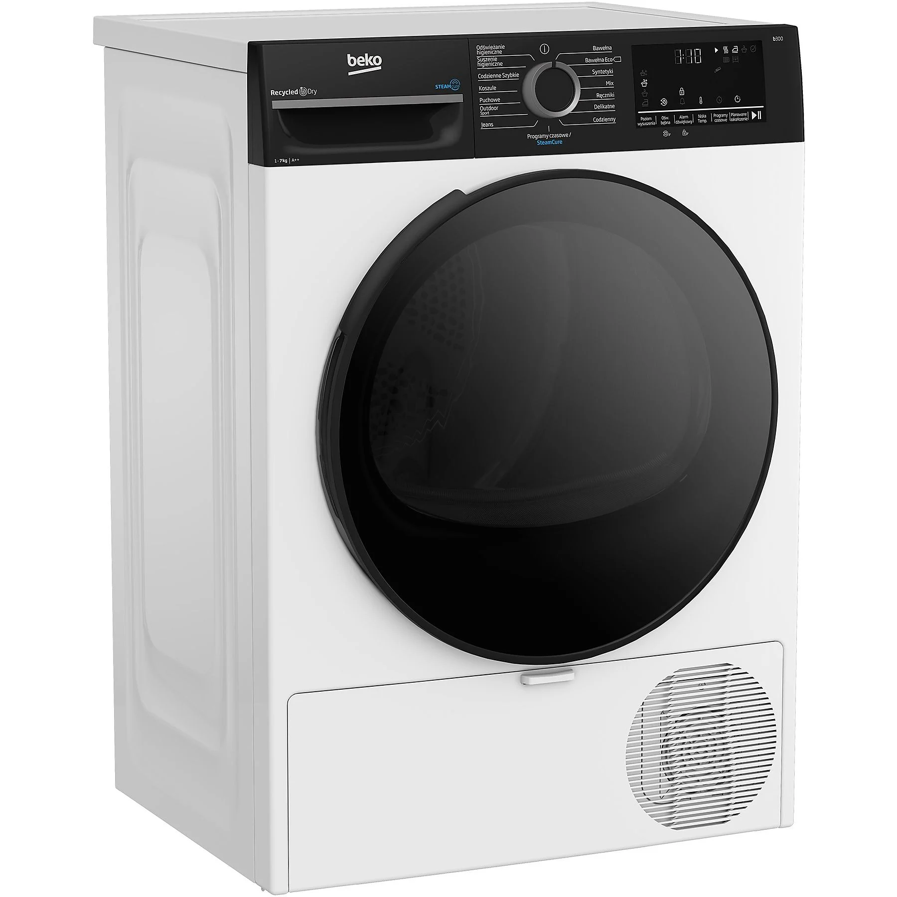 Biała suszarka Beko z czarnymi drzwiami. Ma panel sterowania i dolny odpowietrznik. Widoczne są Recycled Dry i SteamCure.