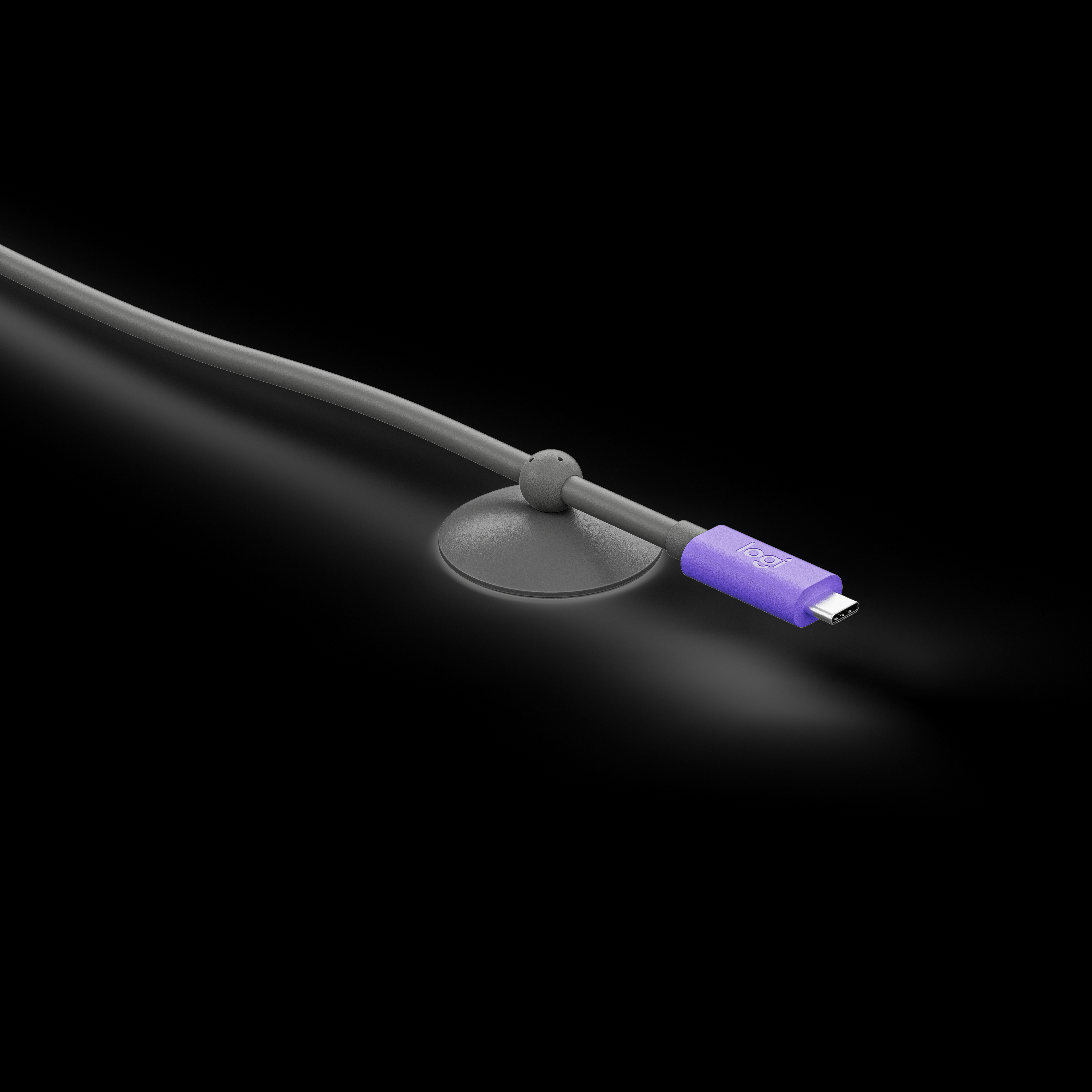 Ein USB-C-Kabel mit einem lila Stecker und grauem Kabel. Es ist auf schwarzem Hintergrund. Das Logitech-Logo ist sichtbar.