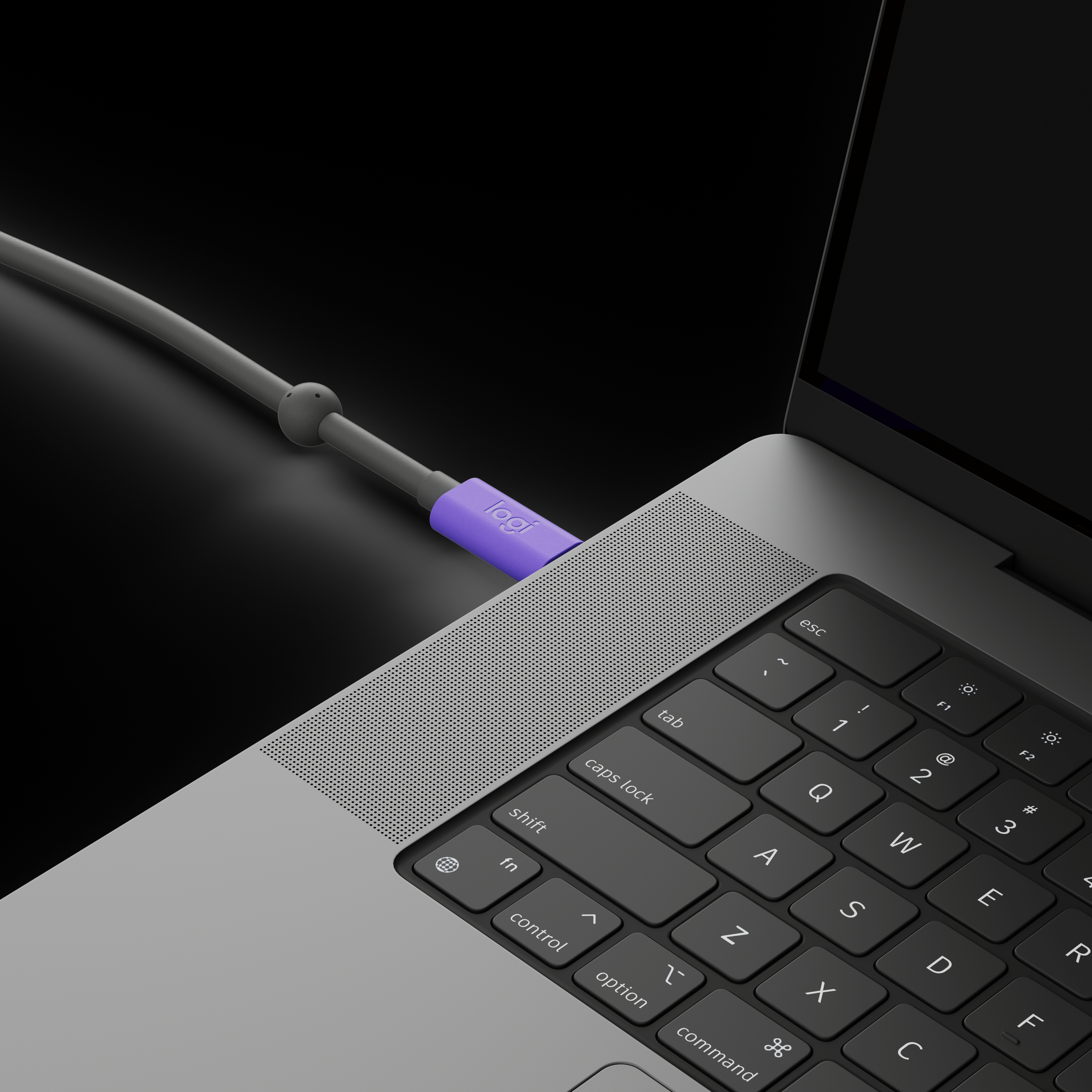 Laptop mit lila USB-C-Kabel. Tastatur mit schwarzen Tasten und silbernem Rahmen sichtbar.