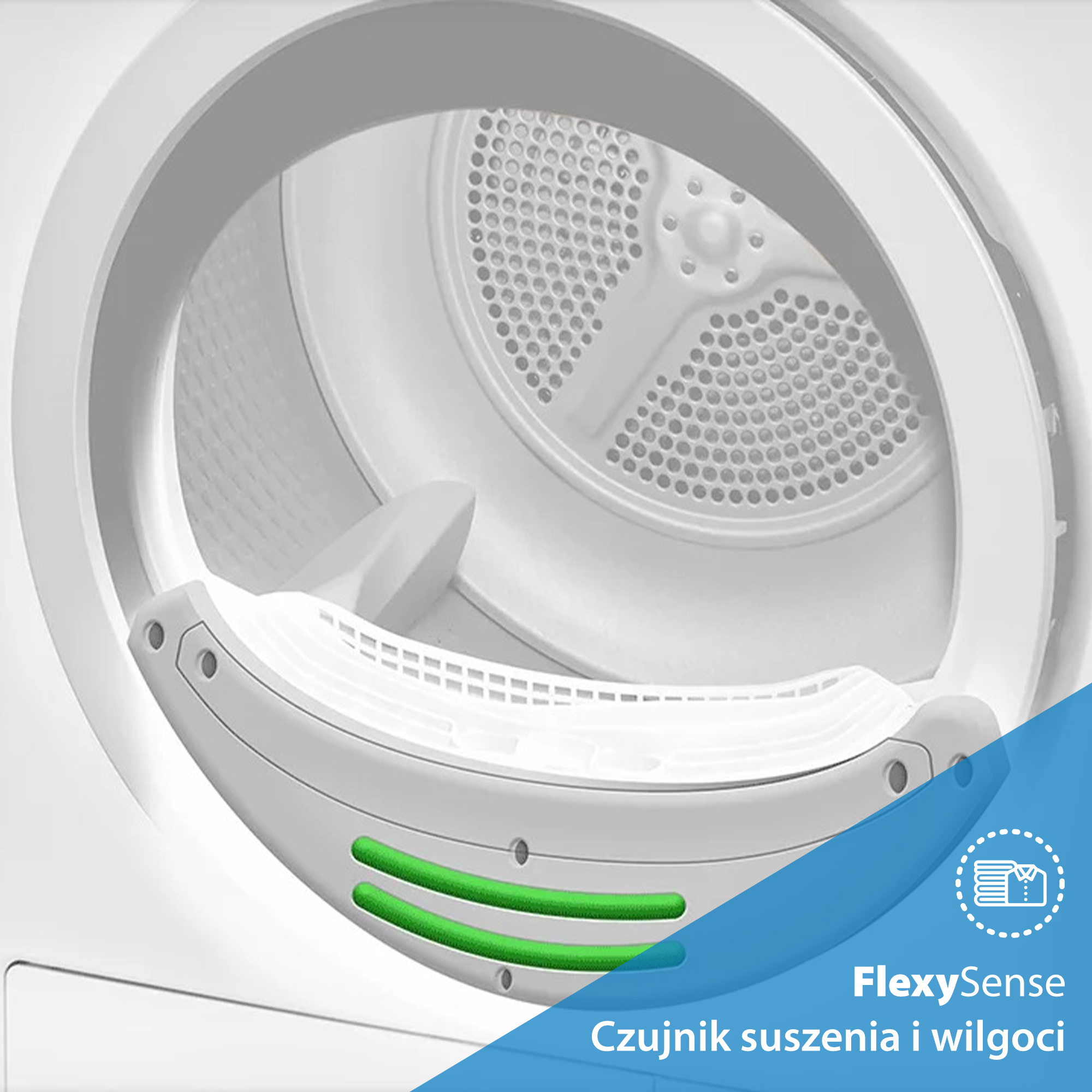 Widok wewnątrz białego bębna suszarki. Zielone linie na dole. Tekst mówi FlexySense, czujnik suszenia i wilgotności.