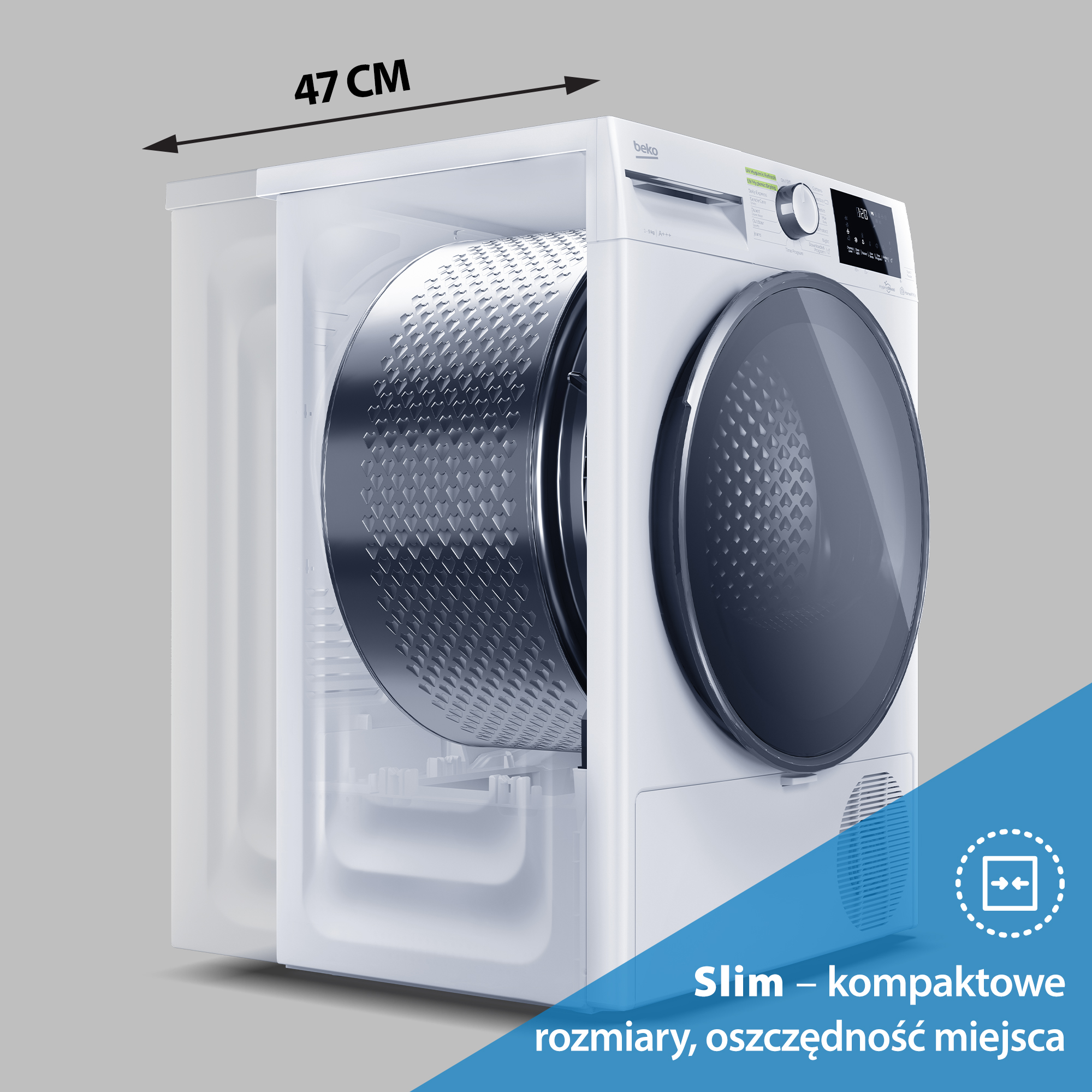 Przedstawiono białą suszarkę Beko o szerokości 47 cm. Posiada okrągłe, ciemne szklane drzwi i panel sterowania.