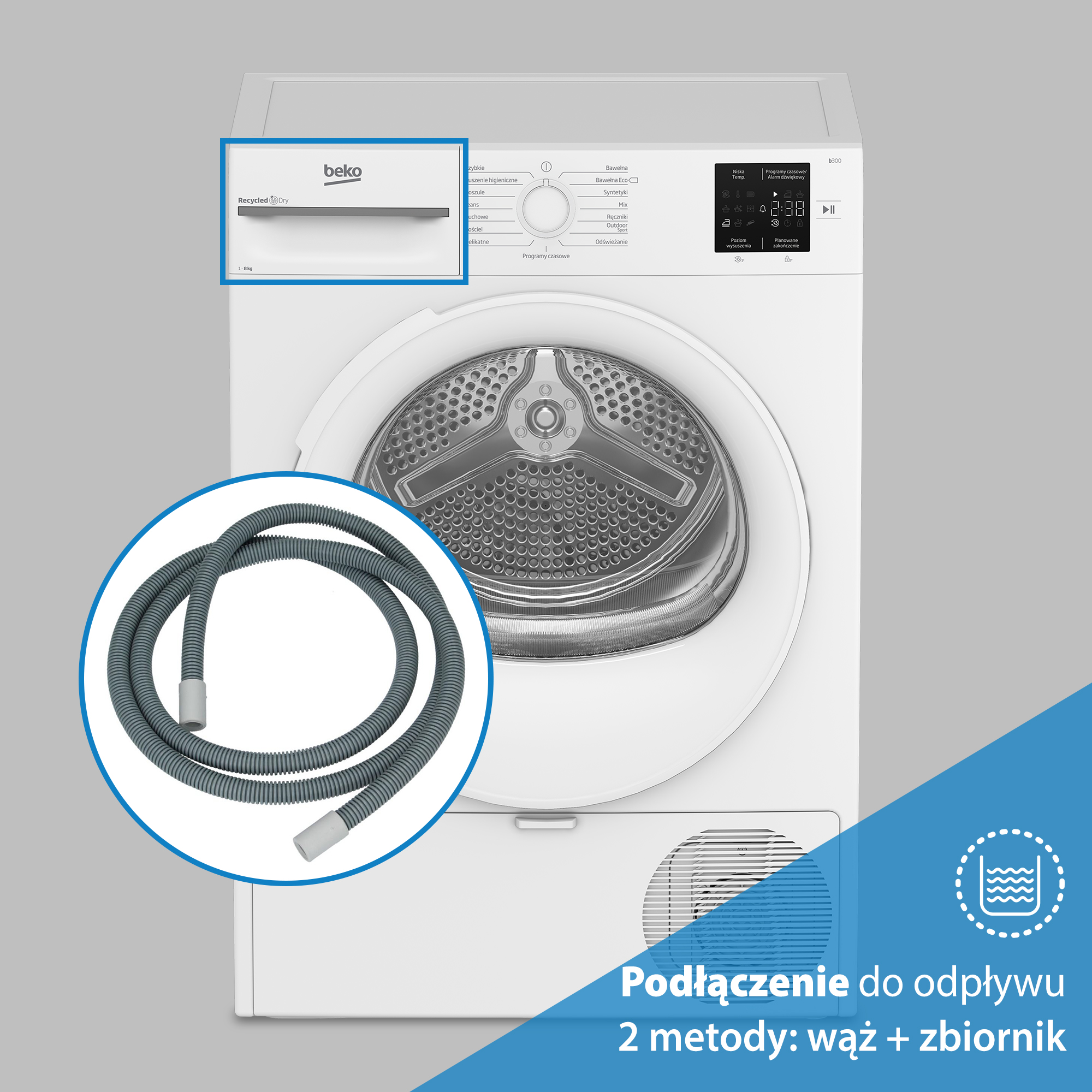 Biała suszarka Beko z wężem. Suszarka ma panel sterowania i bęben. Tekst mówi 'Podłączenie do odpływu'.